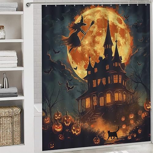 Miniatura 2 de Juego de cortinas de ducha de Halloween, castillo de terror, bruja, calabaza, murciélago, cortina de ducha para decoración de baño, cortina de