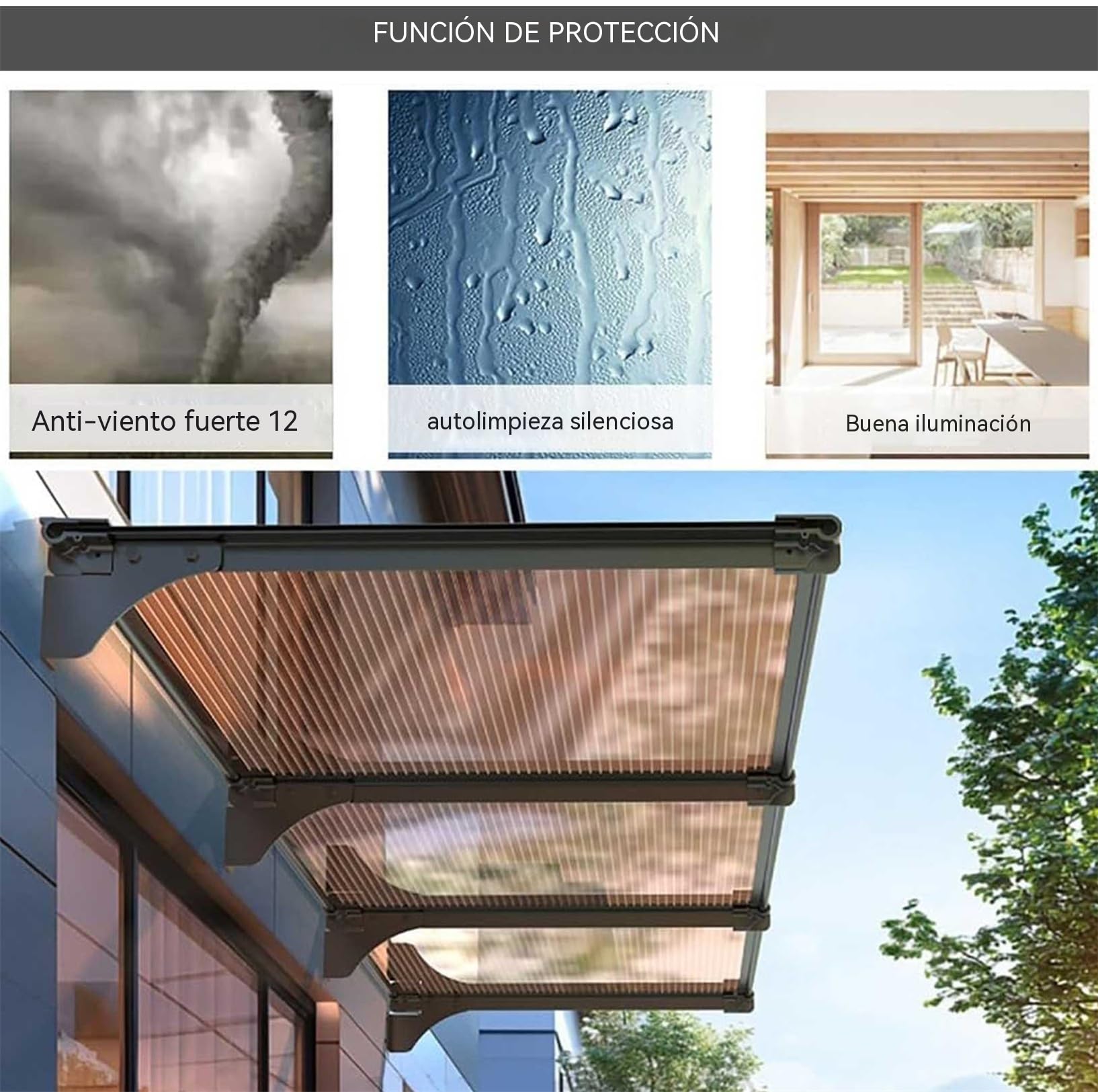 Marquesina Puerta Exterior Pequeña, Gguuwg Tejadillo de Protección contra Sol y Lluvia con Soporte de Aluminio, antitifón 12, Uso prolongado en Exteriores Protege contra el Sol Intenso