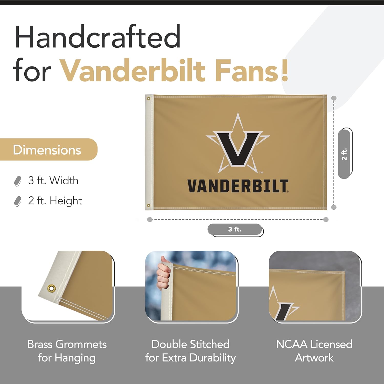 Vanderbilt Commodores College Sports Printed Flag - NCAA Licensed - Nylon - School Banner (Gold, Black) (2' x 3')