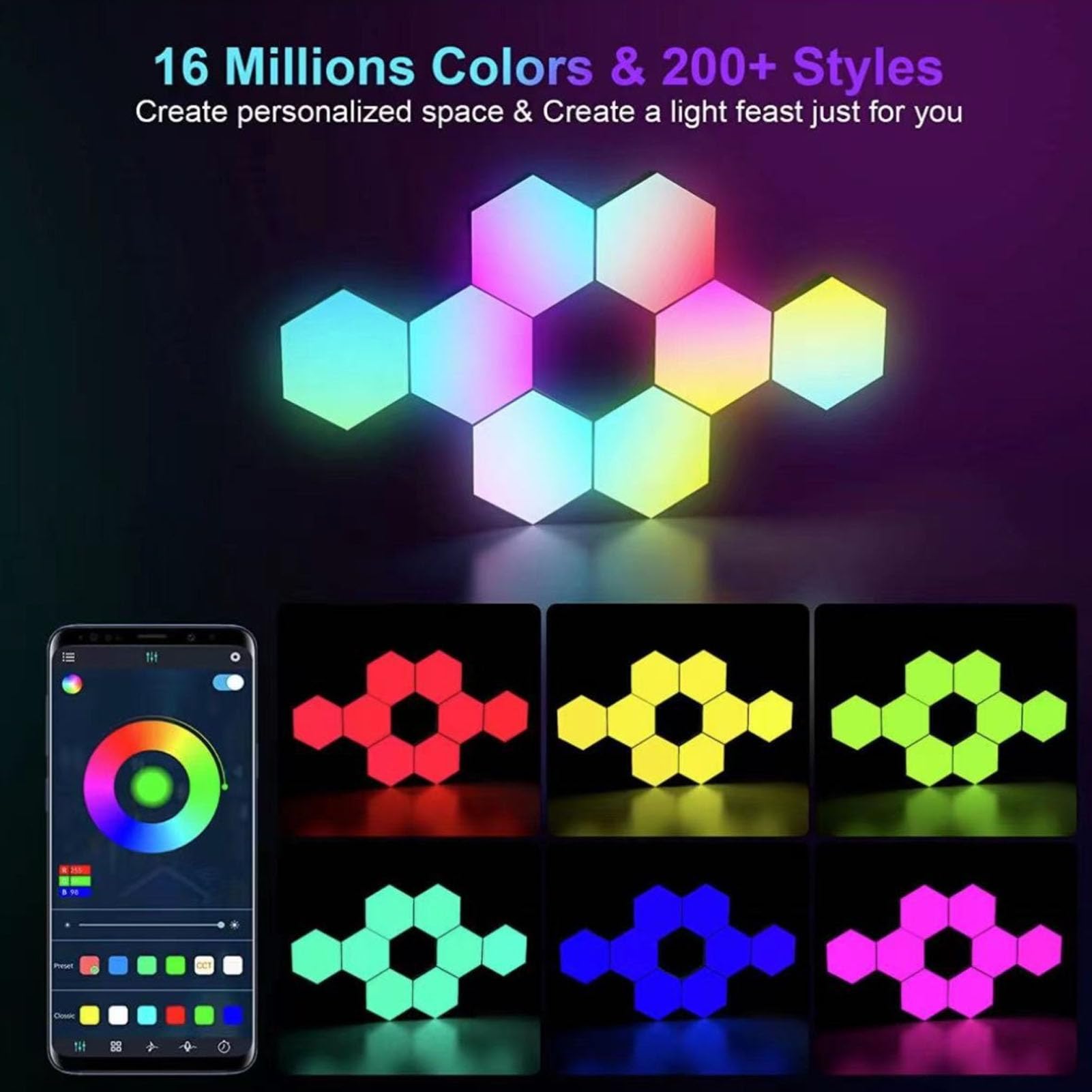 6 Set Pannelli Luminosi Esagonali, Smart APP RGB Musica Leggera Esagonale Modulare da Gioco con Sincronizzazione, Giunzioni Infinite Luci da Parete RGB Esagonali, Luci di