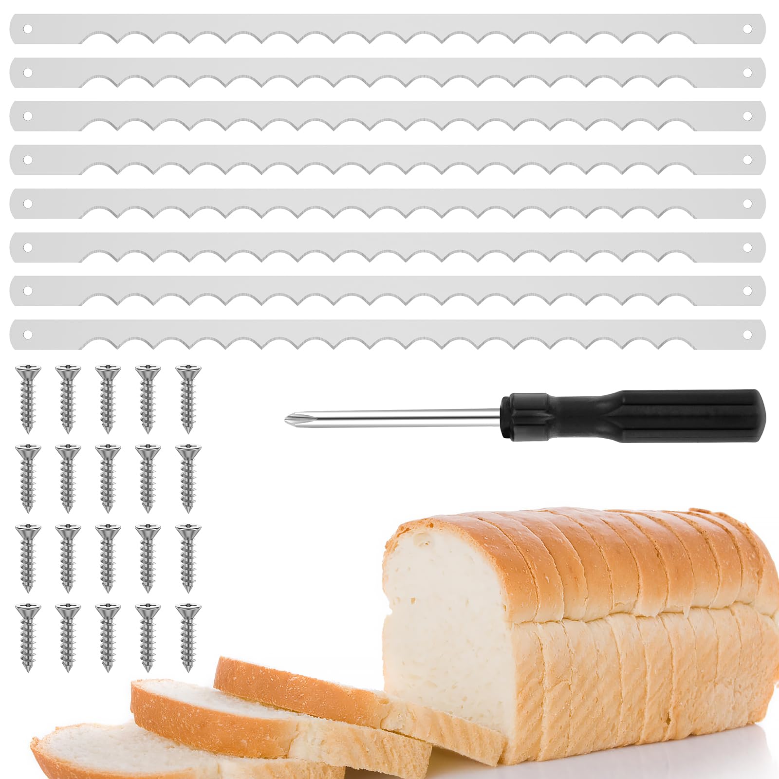 8Pcs Bread Bow Cutter Blades Stainless Steel Replacement Blade with Screws and Screwdriver 10.8×0.43 Inch Serrated Bread Blade Rustproof Bread Slicer Bread Cutting Tool for Wooden Bread Cutter
