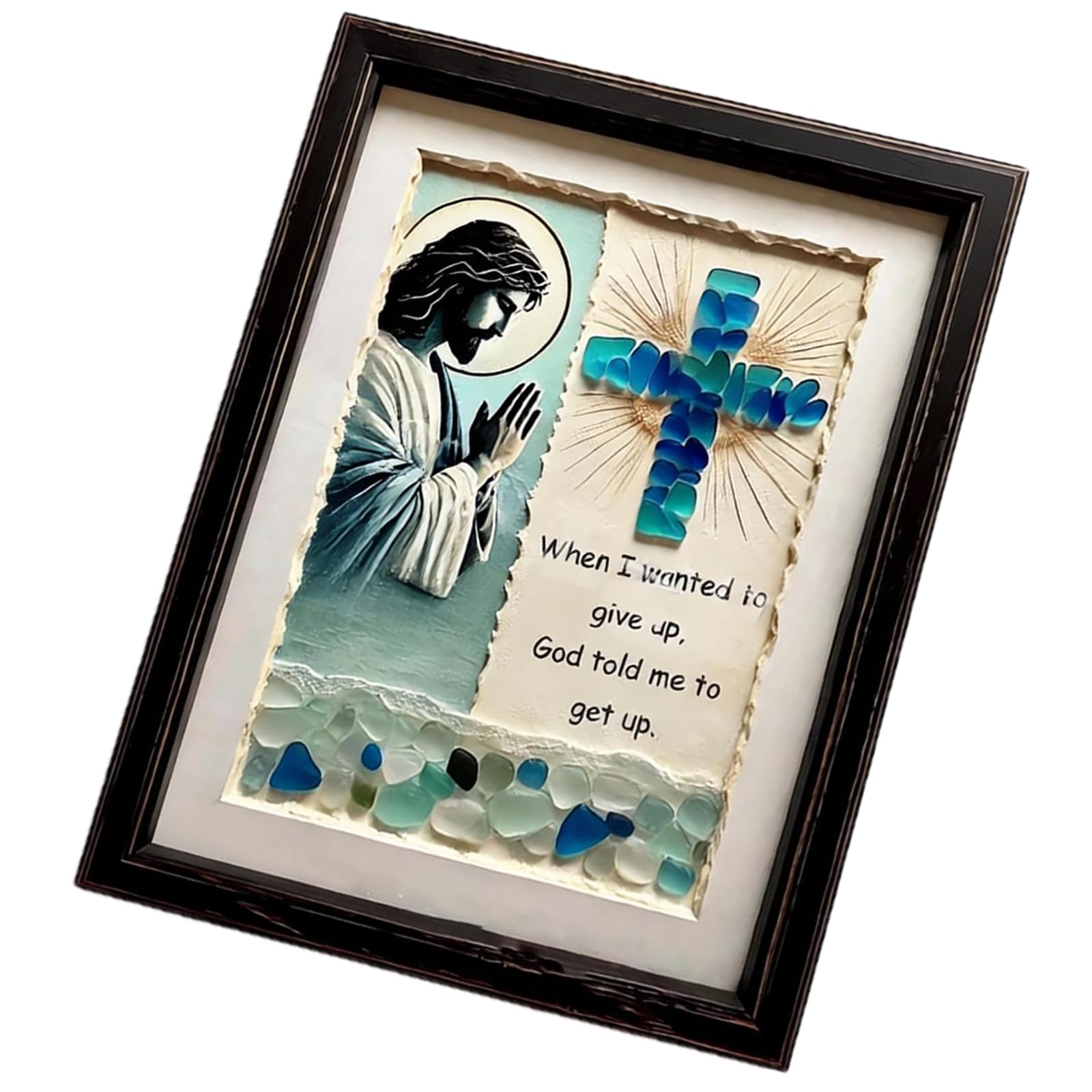 Kaeltsyn Sea Glass Crucifix Wall Hanging, Wood Framed Religious Decor Crucifix Wall Art with Wood Frame