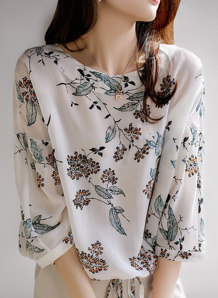 Amazon | [QJCLEAN] 花柄Tシャツ ボタニカル柄カットソー 7分袖