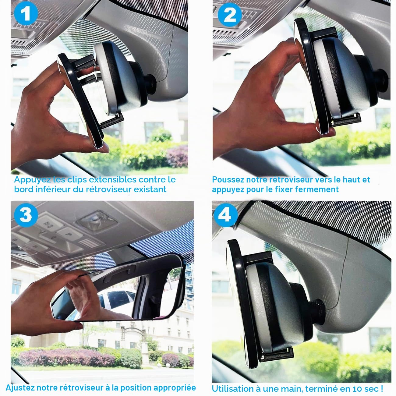 Lot de 2 rétroviseurs universels à clipser pour intérieur de voiture, grand angle pour réduire efficacement l'angle mort, convexe, transparent