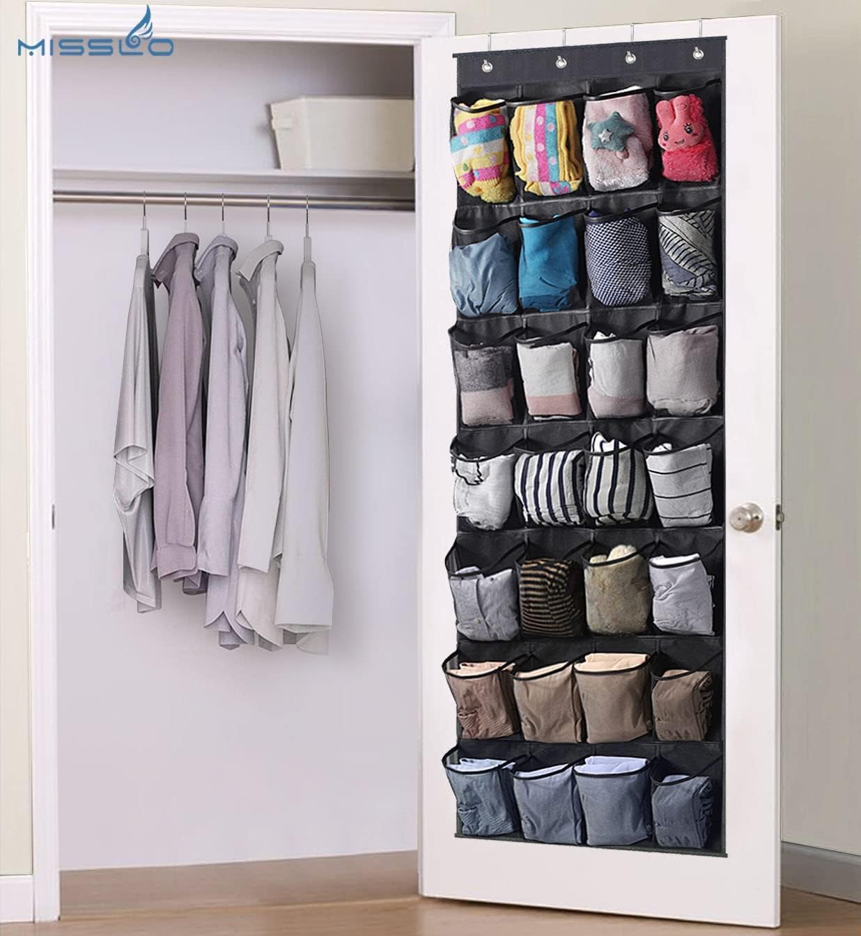 CLUTTER FREE Over The Door Shoe Organizer, 28 Large Mesh Pockets, Non-Woven Fabric, 65 x 22.6 Inches, Black Hanging Storage for Shoes, Closet, Bedroom with 4 Metal Hooks (1, Grey)