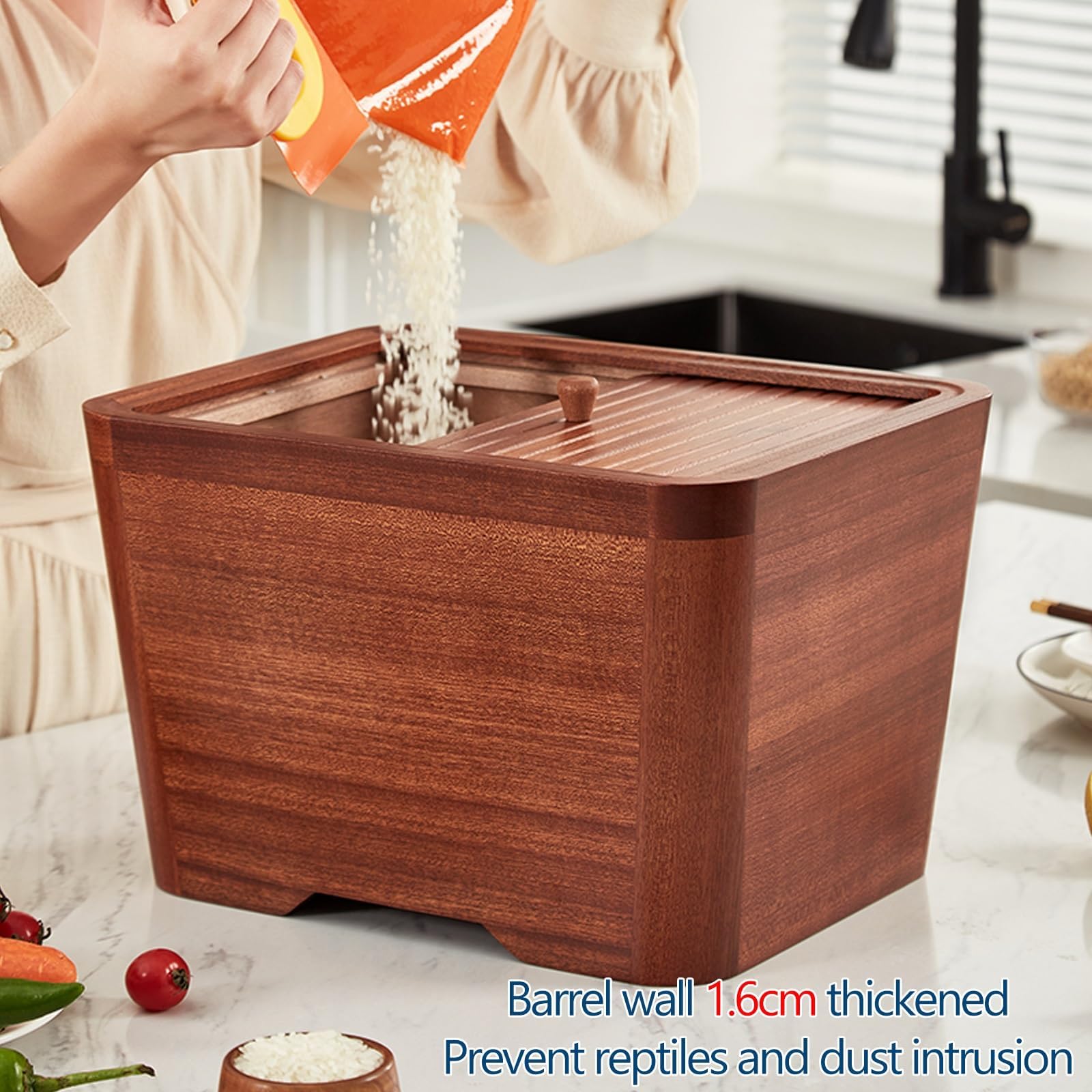 Contenitore per cereali in legno con dispenser per organizzazione dispensa da cucina, dispenser ermetico per cereali per pasta, riso, snack