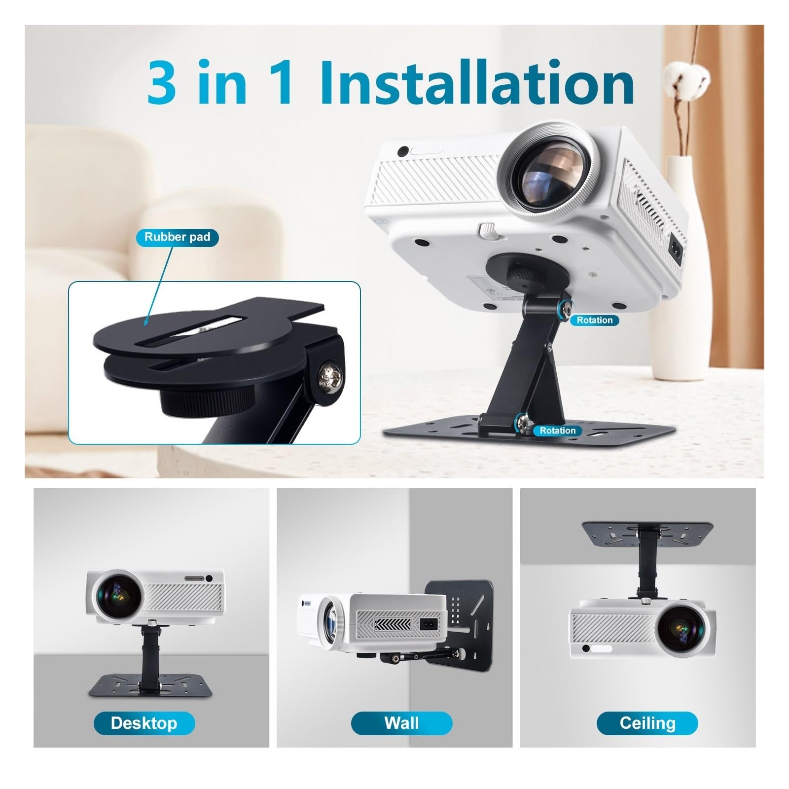 Supporto for Proiettore, Compatibile Con Mini Proiettori Universali Con Vite Da 1/4 Di Pollice | Supporto pieghevole da tavolo e da soffitto con regolazione a 180 gradi(Sliver Holder)