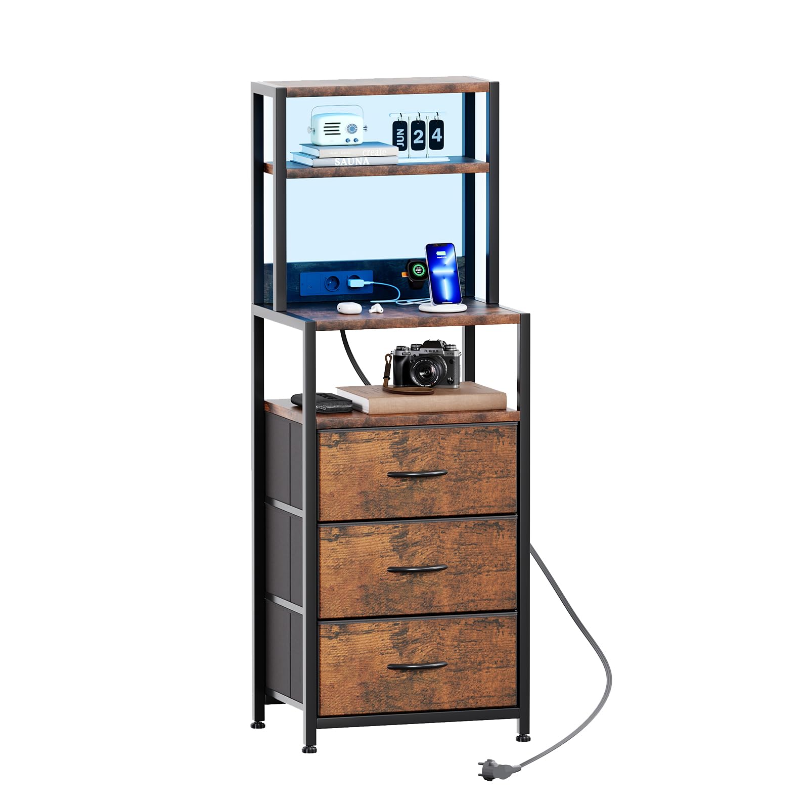 Caiyun Mesita de noche con LED y función de carga, mesa auxiliar con 4 niveles de almacenamiento, mesa de sofá con 3 cajones de tela, mesitas de noche con estante para libros, mesa auxiliar