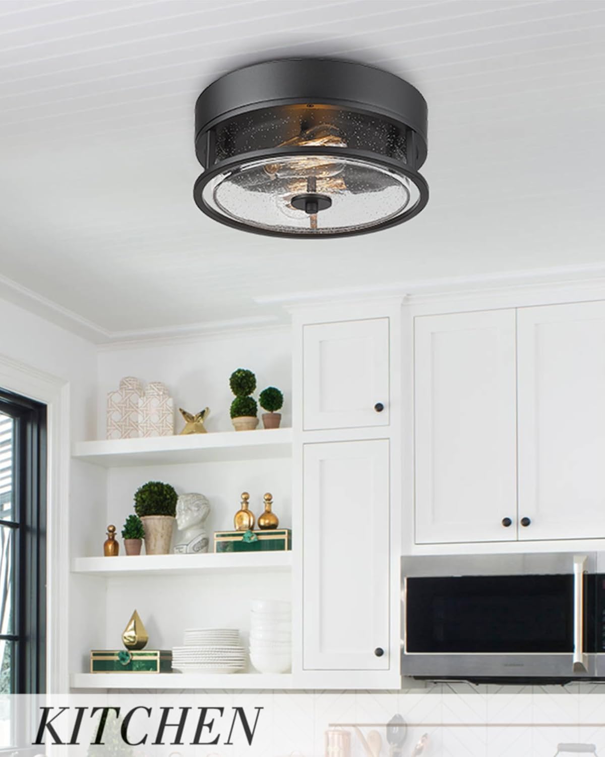 Black Flush Mount Ceiling Light, HWH Industrial Close to Ceiling Light Fixture with Seeded Glass Shade, 12'' Light Fixture Ceiling for Hallway, Farmhouse, Foyer, Laundry, Matte Black, 5HWY65F BK