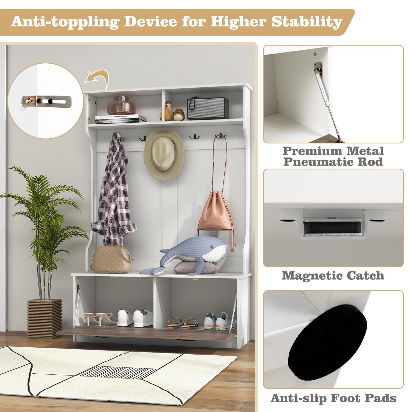 GIANTEX Appendiabiti con Panca da Scarpe, Armadio con Panca Portaoggetti e 5 Ganci e Scomparti, Mobile d'Ingresso Moderno per Corridoio, Camera da Letto, 100x40x160 cm (Bianco)