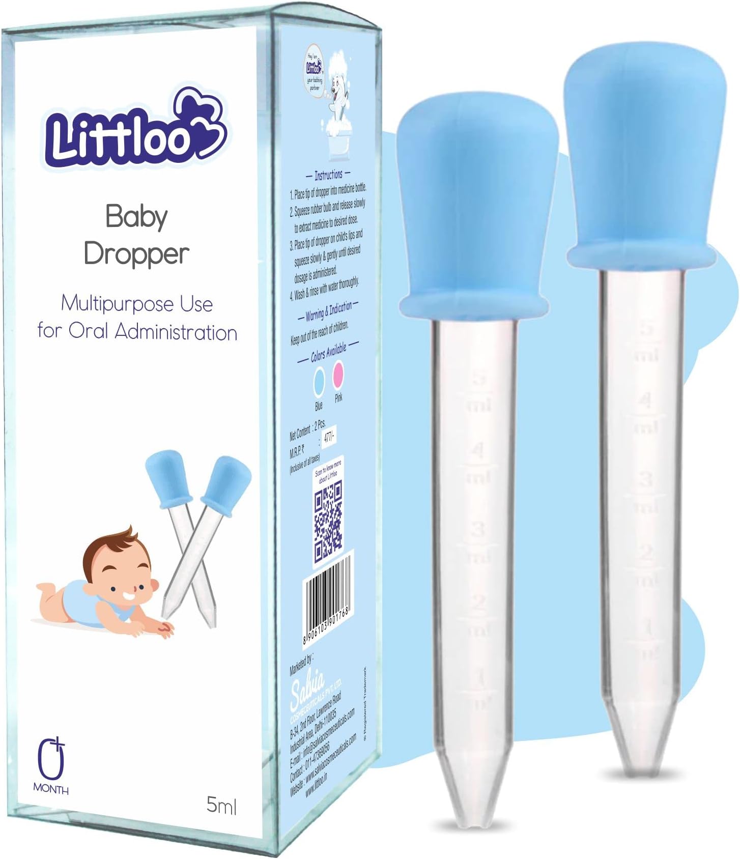Littloo Baby Dropper Quality Silicone Graduated Plastic Pipette for Feeding Liquids to Babies, Toddlers & Infants with Measured Quantity Markings- 5ml, Pack of 2 (Multicolour)