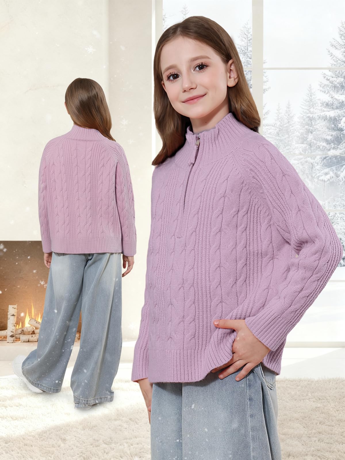 Dziewczęcy sweter z dzianiny z zamkiem do połowy, stójka, dzianina, ciepły sweter z długim rękawem, miękki, przytulny sweter, jesienno-zimowy, topy dla dzieci w wieku 5-15 lat