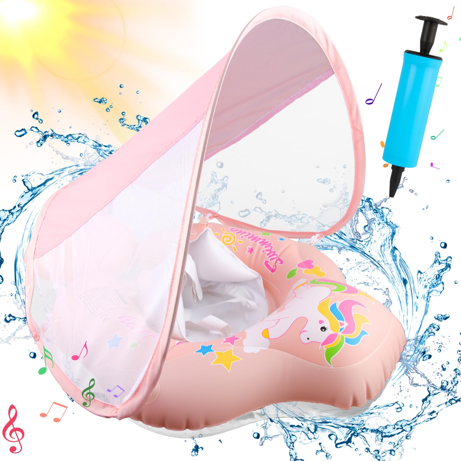 Natación para Bebé, Flotador Bebé con Parasol Extraíble, Bebé Nadar Anillo, Flotador para Bebé Piscine, Apto para Bebés de 6 Meses a 6 años, con Herramienta de Inflado