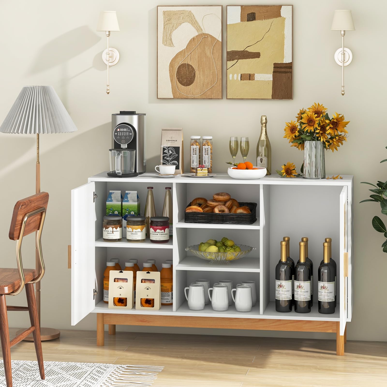 COSTWAY Credenza Buffet da Cucina, Mobile da Cucina con 2 Porte Intrecciate in Bambù, 3 Ripiani Aperti, per Cucina, Sala da Pranzo, Soggiorno e Ingresso, 120 x 35 x 78 cm