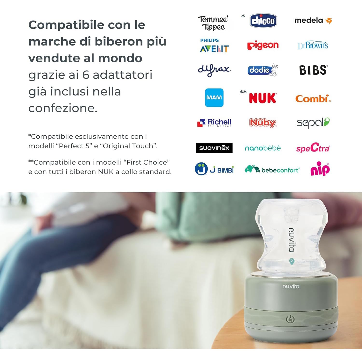 Nuvita 1166 Warm70 bezprzewodowy podgrzewacz do butelek 70°C – ładowanie przez USB, uniwersalny kompatybilny z 6 adapterami, 5 ustawień temperatury do 70°C, szybkie nagrzewanie w 2,5 min, utrzymuje