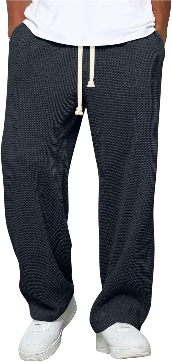 Men's Waffle Texture Sweatpants, Drawstring Wide-Leg Lounge Hiking Pants Lightweight Breathable Trousers