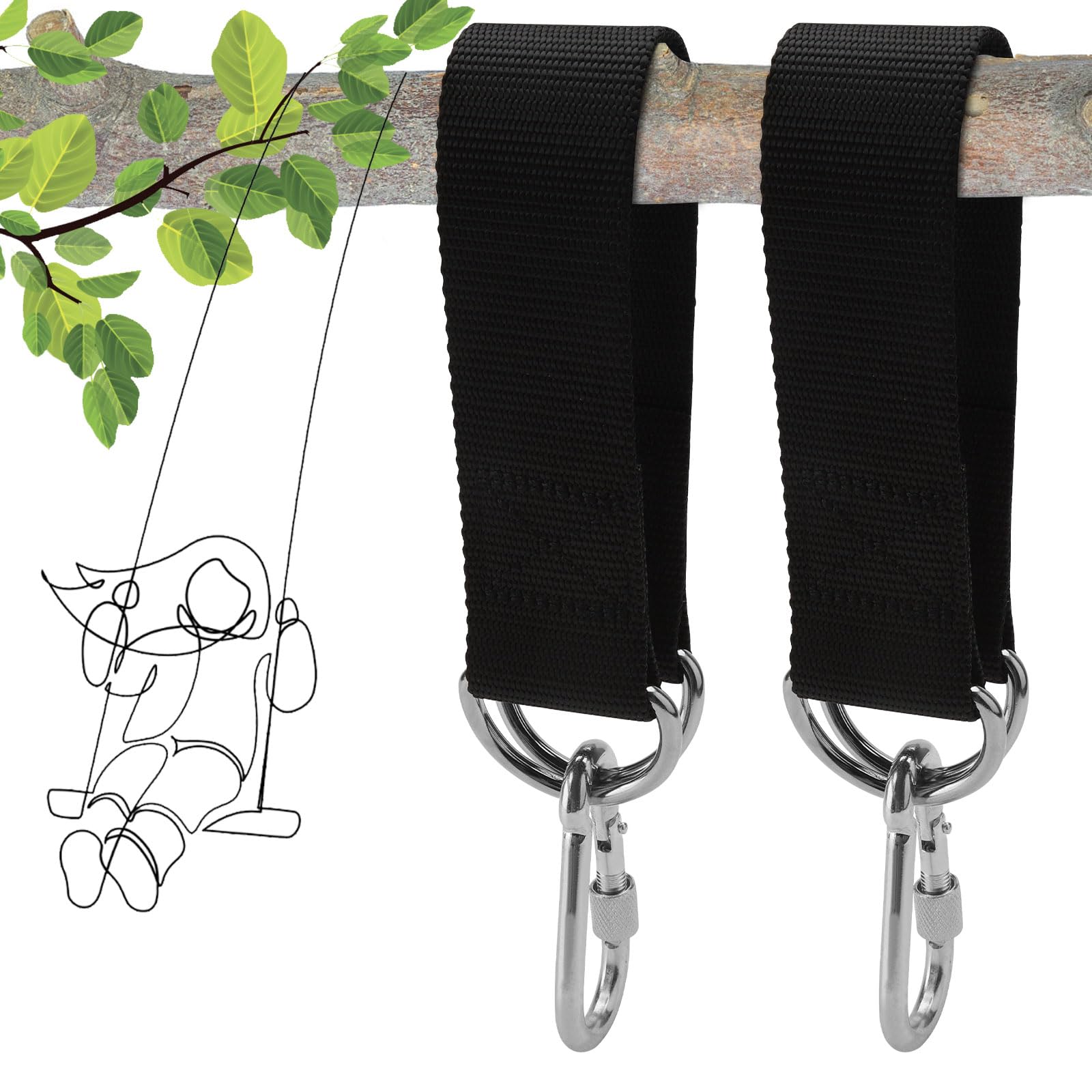 TNSLAND Sangles Balançoire Arbre 200 Kg – 2 Sangles Nylon + Mousquetons & Anneaux D, Fixation Hamac Ultra Solide