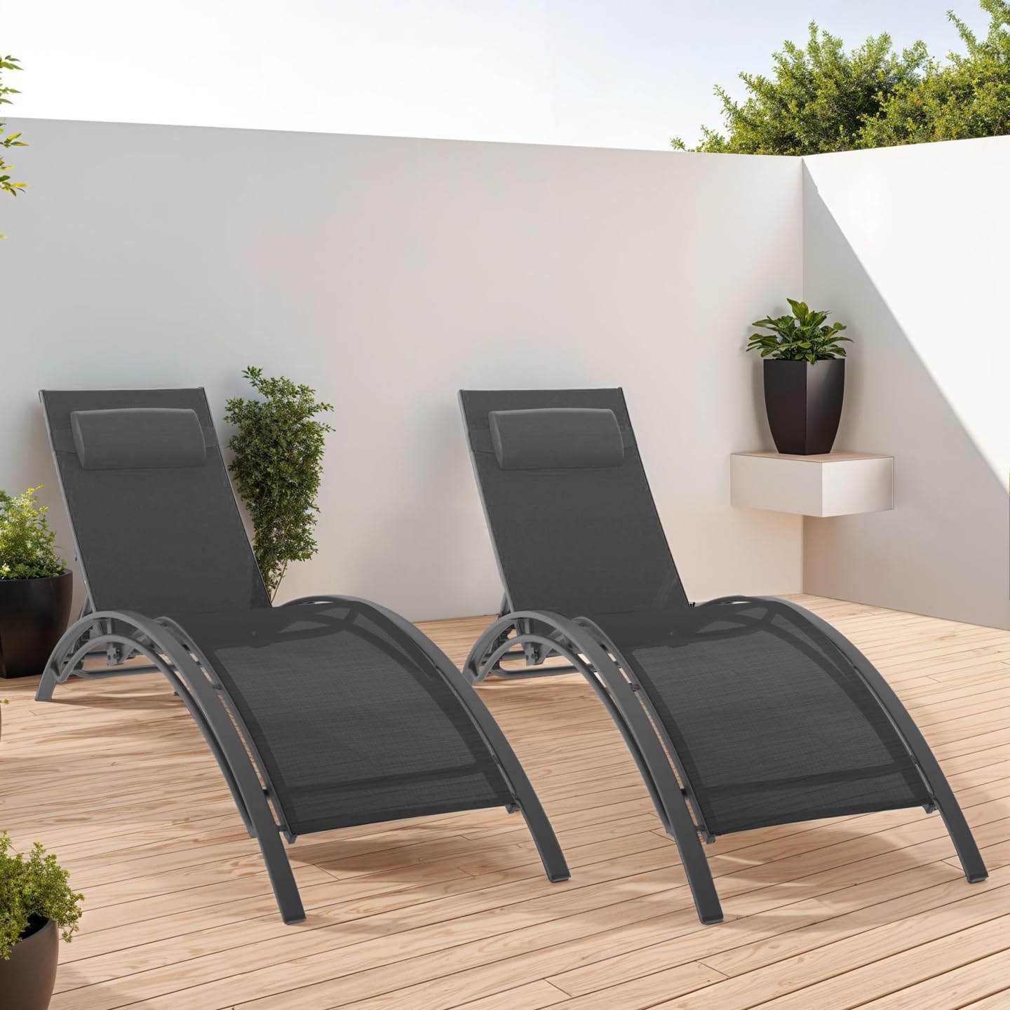 IDMarket – Juego de 2 tumbonas de jardín reclinables de acero habana lona gris con cojín