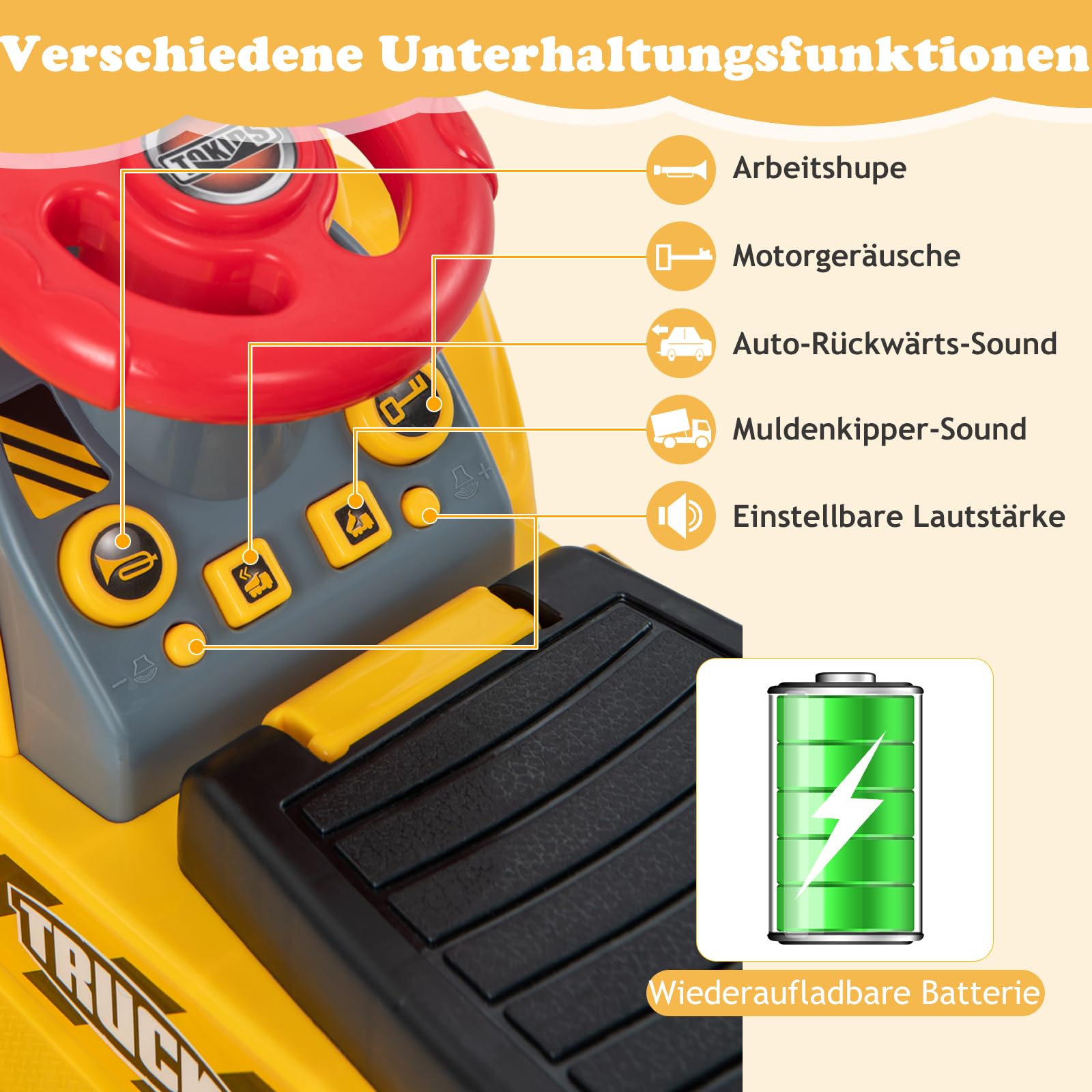 DREAMADE Bagger zum draufsitzen, Elektro Sitzbagger mit internem Stauraum, Kinderbagger mit Basketballkorb & Sound & Hupe & 3 Bällen, Sandbagger Aufsitzbagger für Kinder ab 2 Jahren