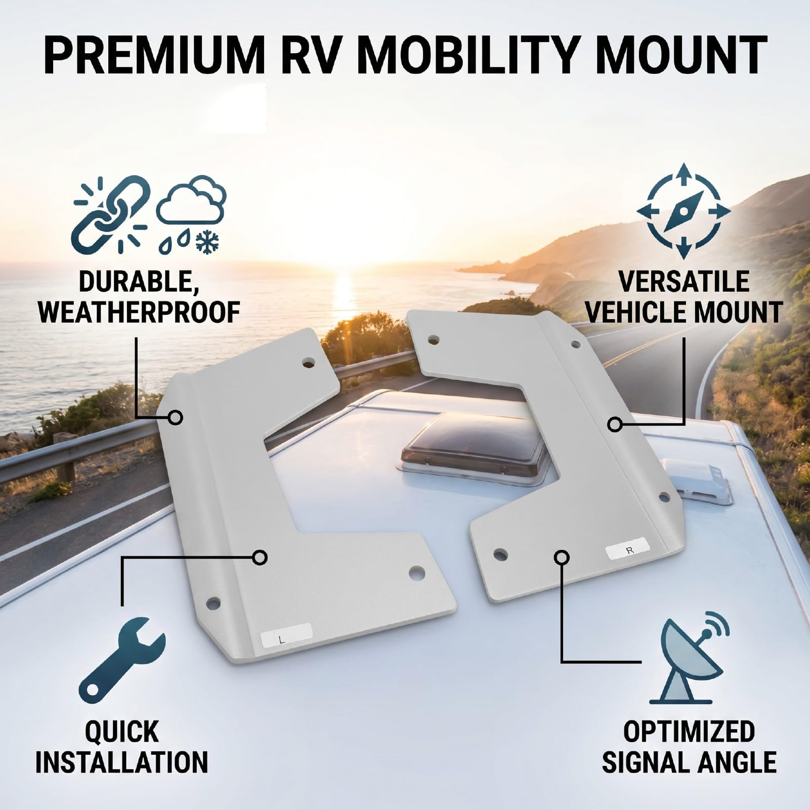 Akozon Soporte de Montaje para Antena Satelital Estándar Gen 3 | Instalación para RV y Exteriores, Compatible con Techos de hasta 0,75 Pulgadas, Aleación de Aluminio, Diseño de Perfil bajo.