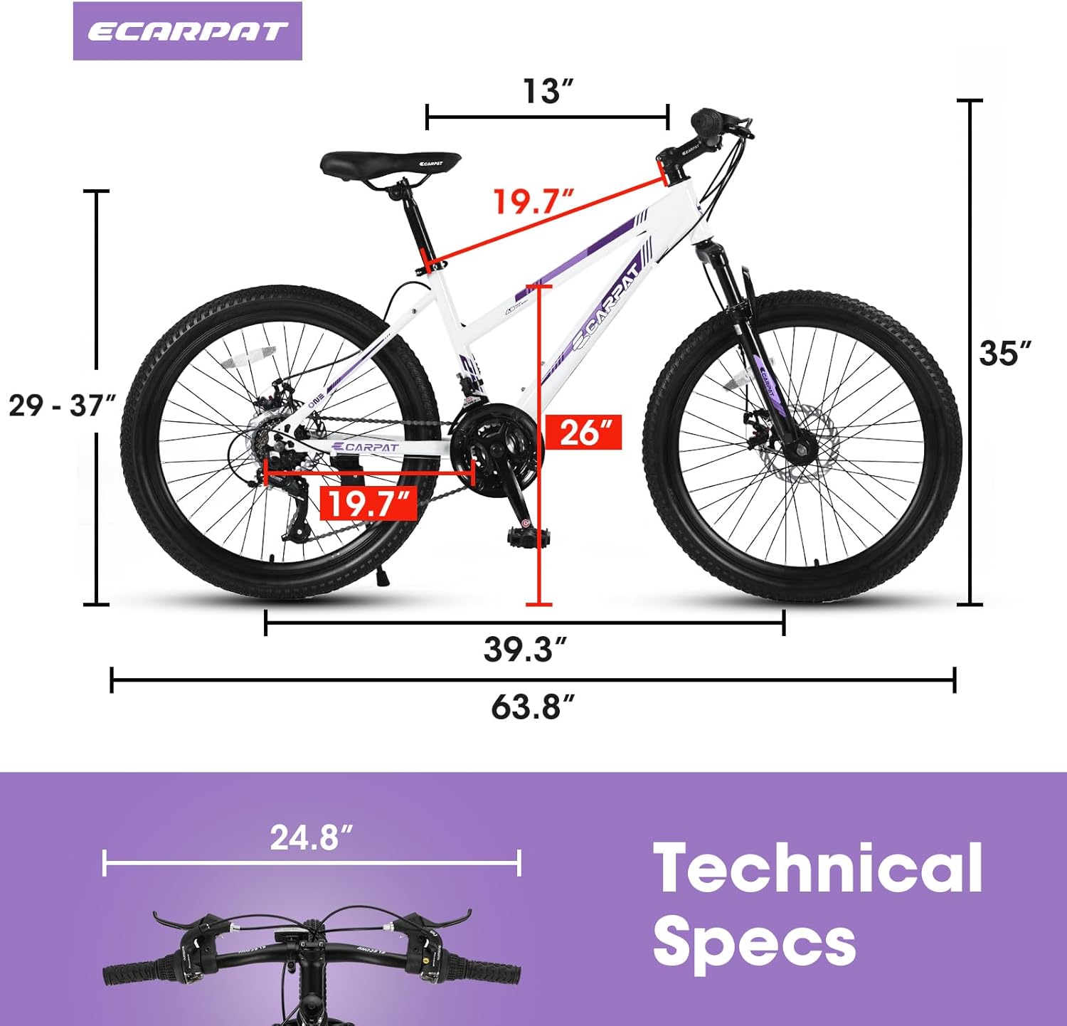Ecarpat 24/26 Inch Mountain Bike for Women Girls, 21-Speed Mountain Bicycle with Disc/V-Brakes and Front Fork Suspension, Carbon Steel Frame MTB Bike