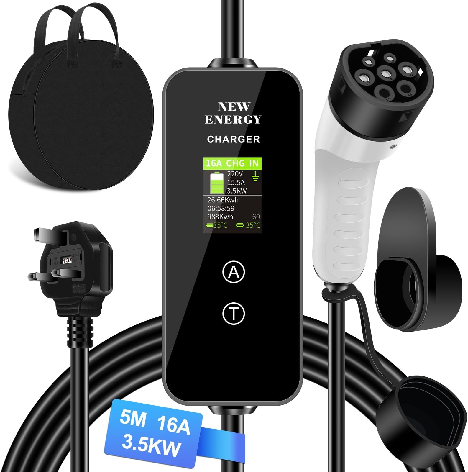 lvelfe EV Charger Cable Type 2 To 3 Pin Plug 5M, 8A/10A/13A/16A Adjustable Current EV Charger, Portable Electric Car Charger, 12 Hours Delay Timer, 2.4-Inch Display, Type 2 For EV & PHEV，White