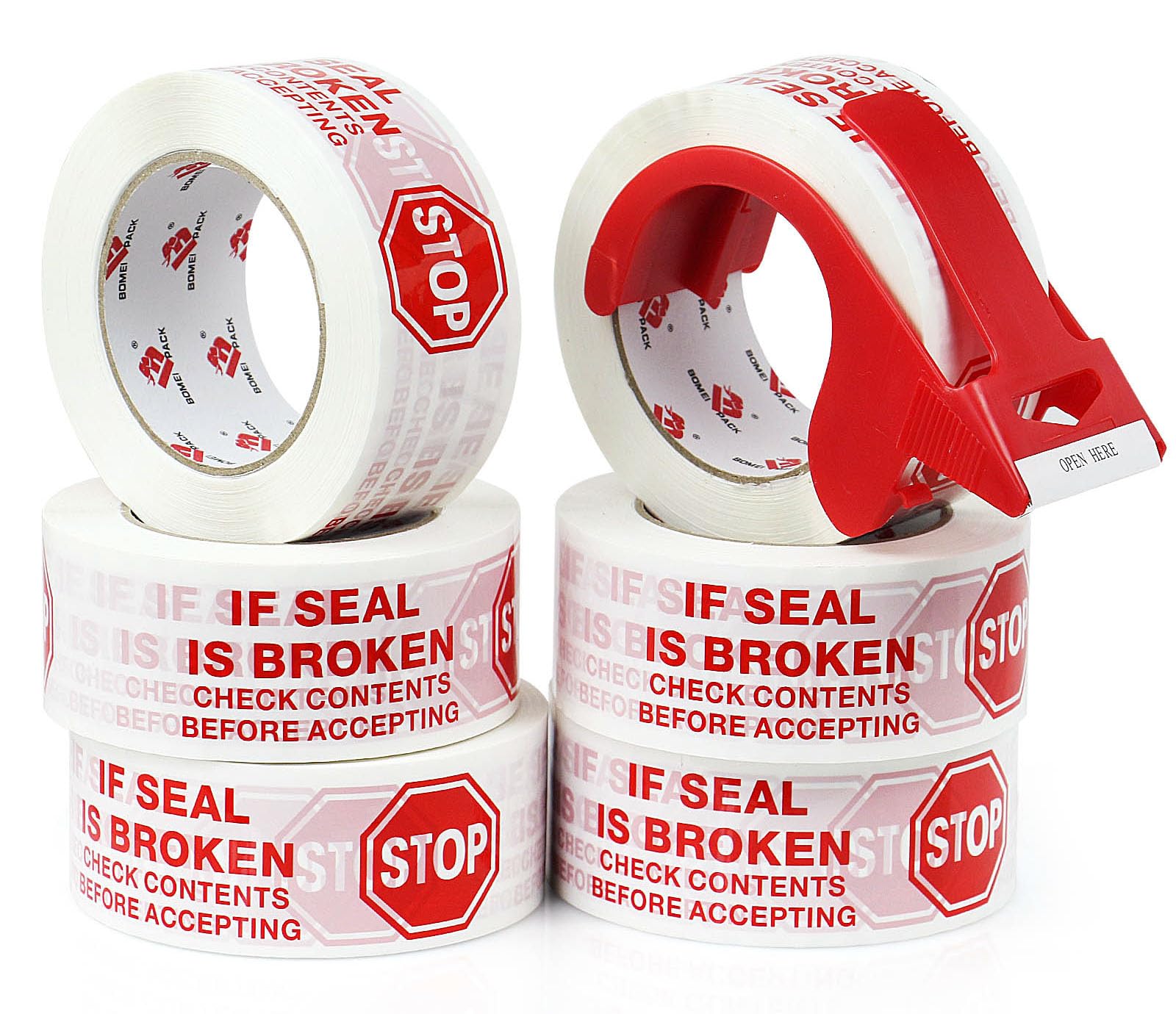 BOMEI PACK Cinta de embalaje de seguridad 100 m x 50 mm – 6 rollos con carrete | Impresión "IF SEAL IS BROKEN CHECK CONTENTS BEFORE ACCEPTING" | Adhesivo fuerte para paquete, almacén, comercio