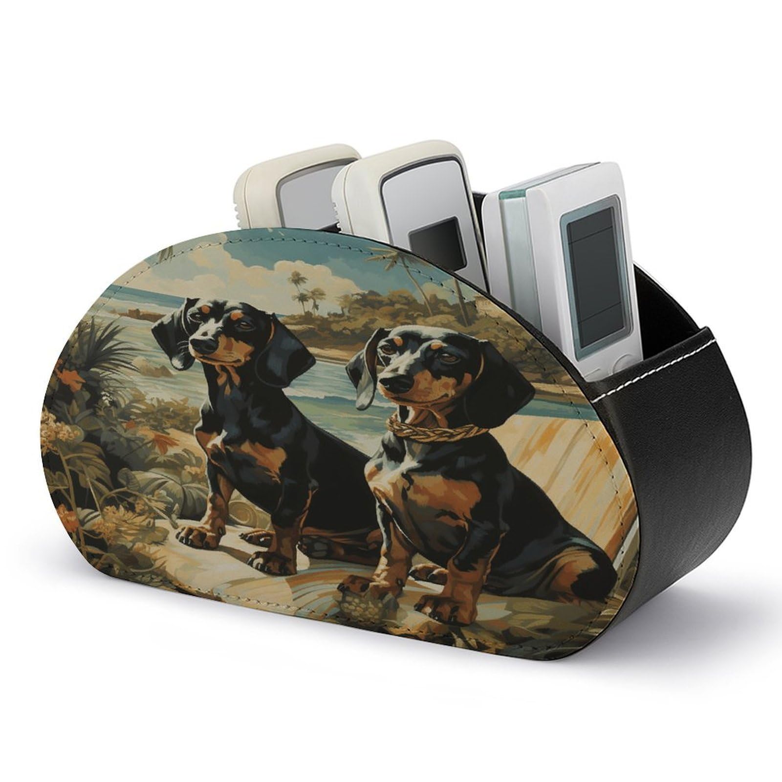 VstaDank Dachshund Dog Bento Remote Control Holder Farmhouse TV Media Remote Storage Box with 5 Compartments PU Leather Remote Caddy Desktop Organizer for Home Bedside Table Organizer