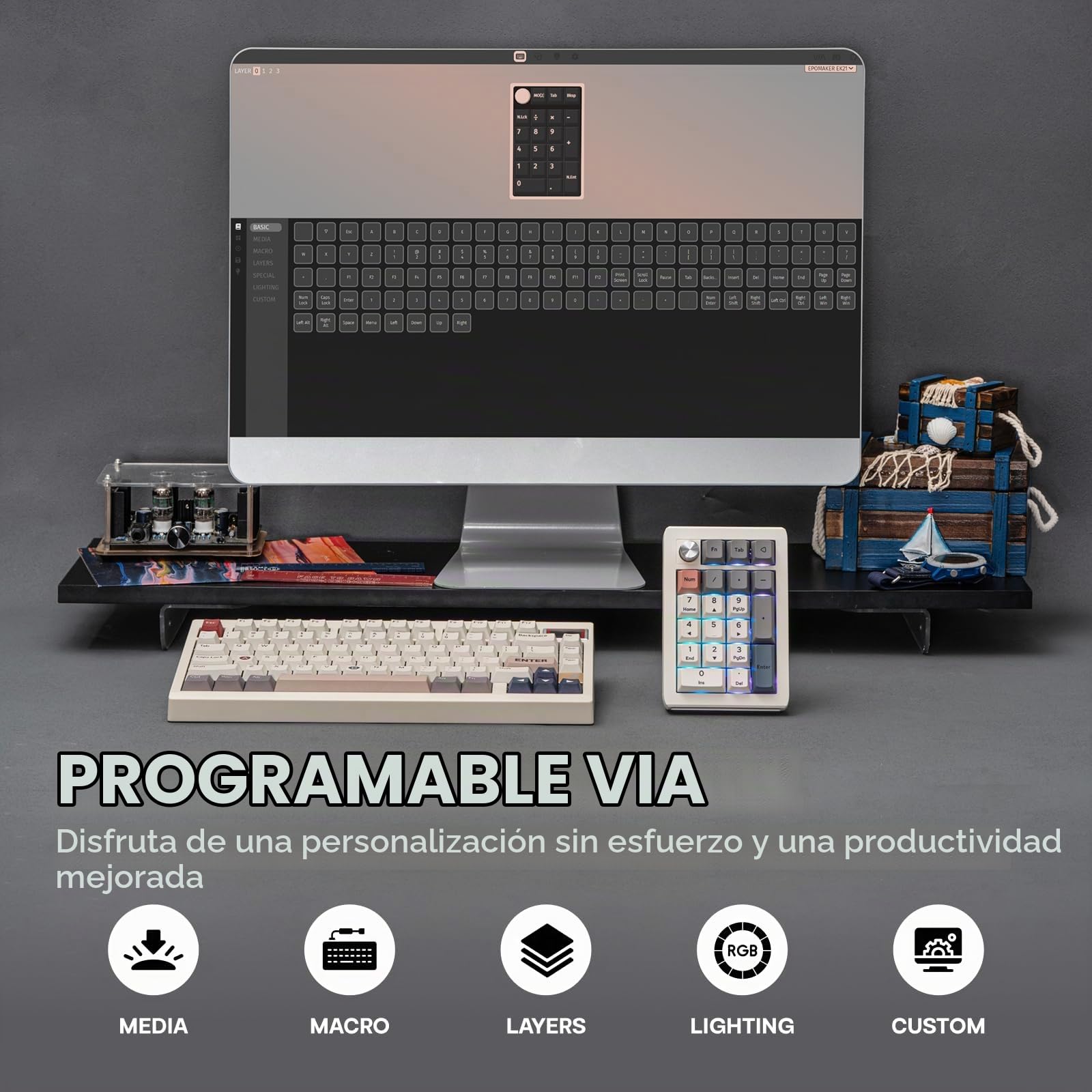 EPOMAKER EK21 Via Teclado Numérico de 3 Modos (Blanco, Wisteria Linear) | 1000mAh, Gasket, BT5.0/2.4GHz/Cable, Hot-Swap, Perilla de Aleación de Aluminio, Numpad Programable, para Win/Mac/Juegos