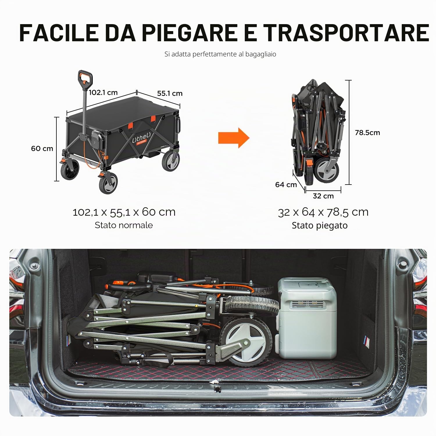 LiTHELi Carrello Elettrico Bollerwagen Pieghevole, Carrello a Mano Pieghevole con Freni 200L 60KG Portata Massima, Carrello Pieghevole Adatto per Campeggio, Giardino, Acquisti, 1 Batteria (Nero)