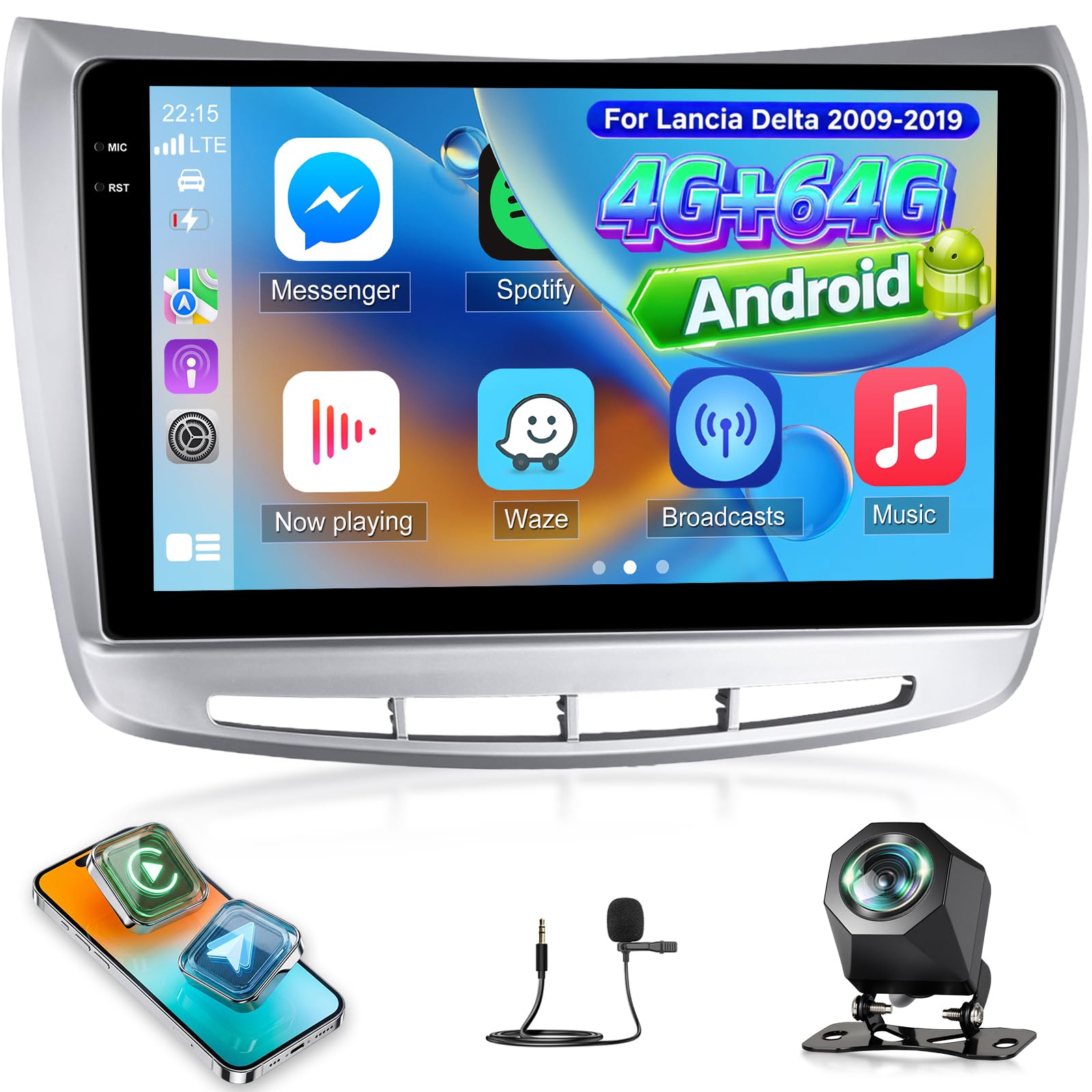 NHOPEEW 4+64G Android Autoradio per Lancia Delta 2009-2019 con Wireless Carplay e Android Auto - Schermo incell da 9 pollici Supporto WiFi GPS Comandi al volante + Telecamera di retromarcia, Canbus