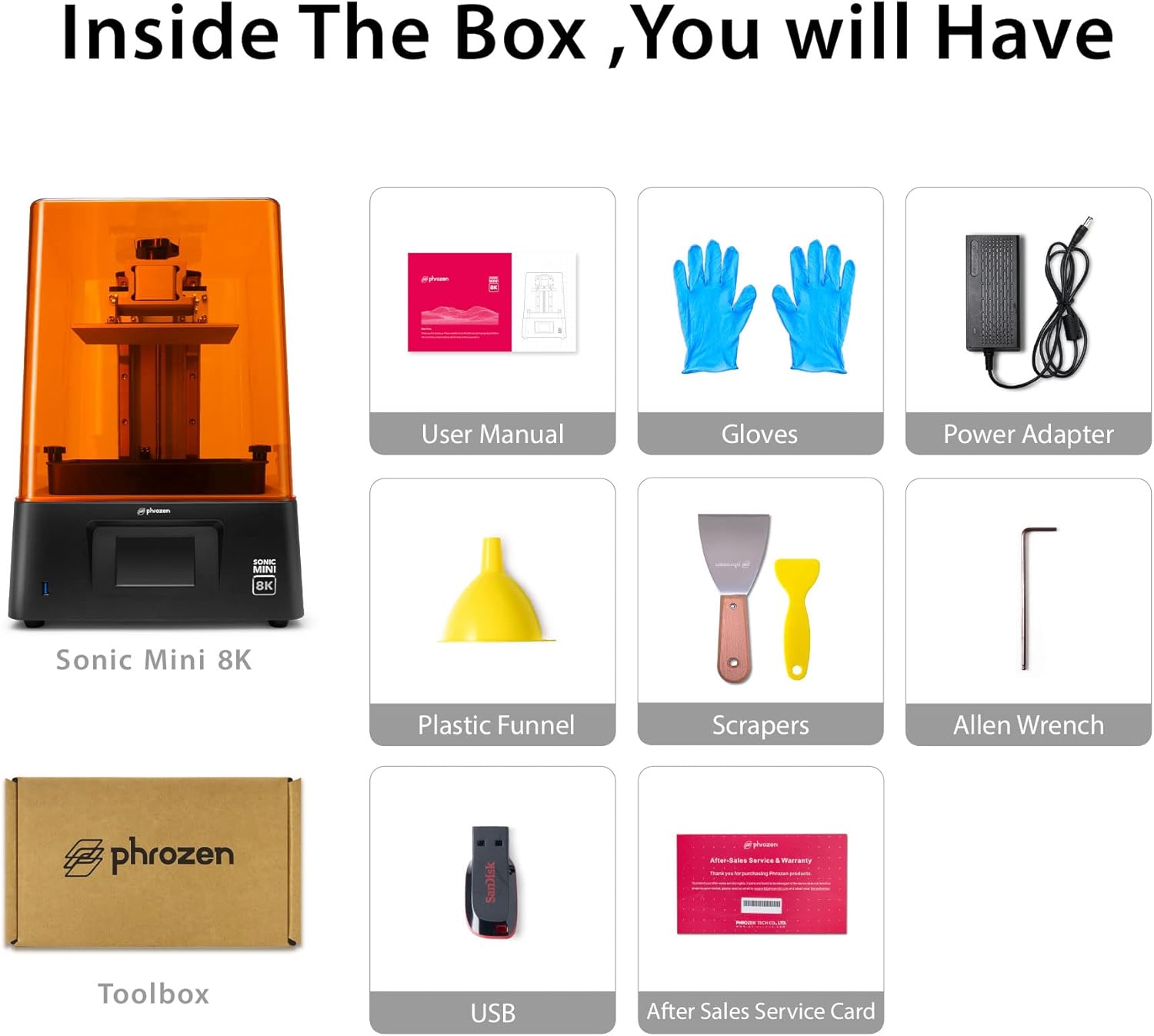 Contents of the Phrozen Sonic Mini 8K box