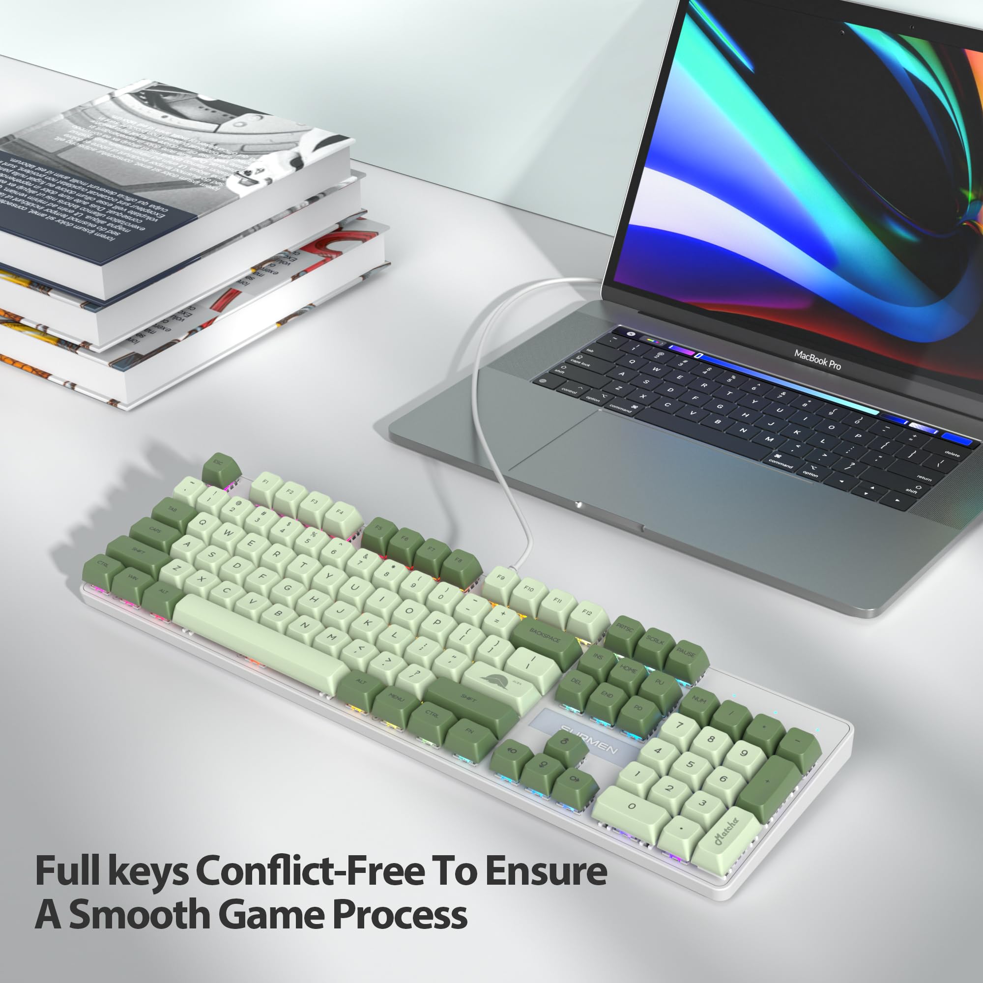 SOLIDEE tastiera gaming meccanica 100%,Tastiera Matcha Verde QWERTY Layout,Tastiera da Gioco Cablata 104 Tasti Retroilluminata RGB con Tastierino Numerico,Tastiera Meccanica NKRO(104 Matcha)