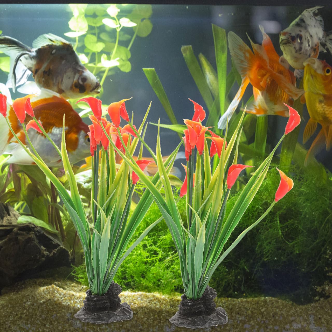 VANZACK Lot de 2 plantes en soie pour décoration d'aquarium - Fausse plante compacte - Accessoire de bureau - Coupe froide - Plastique