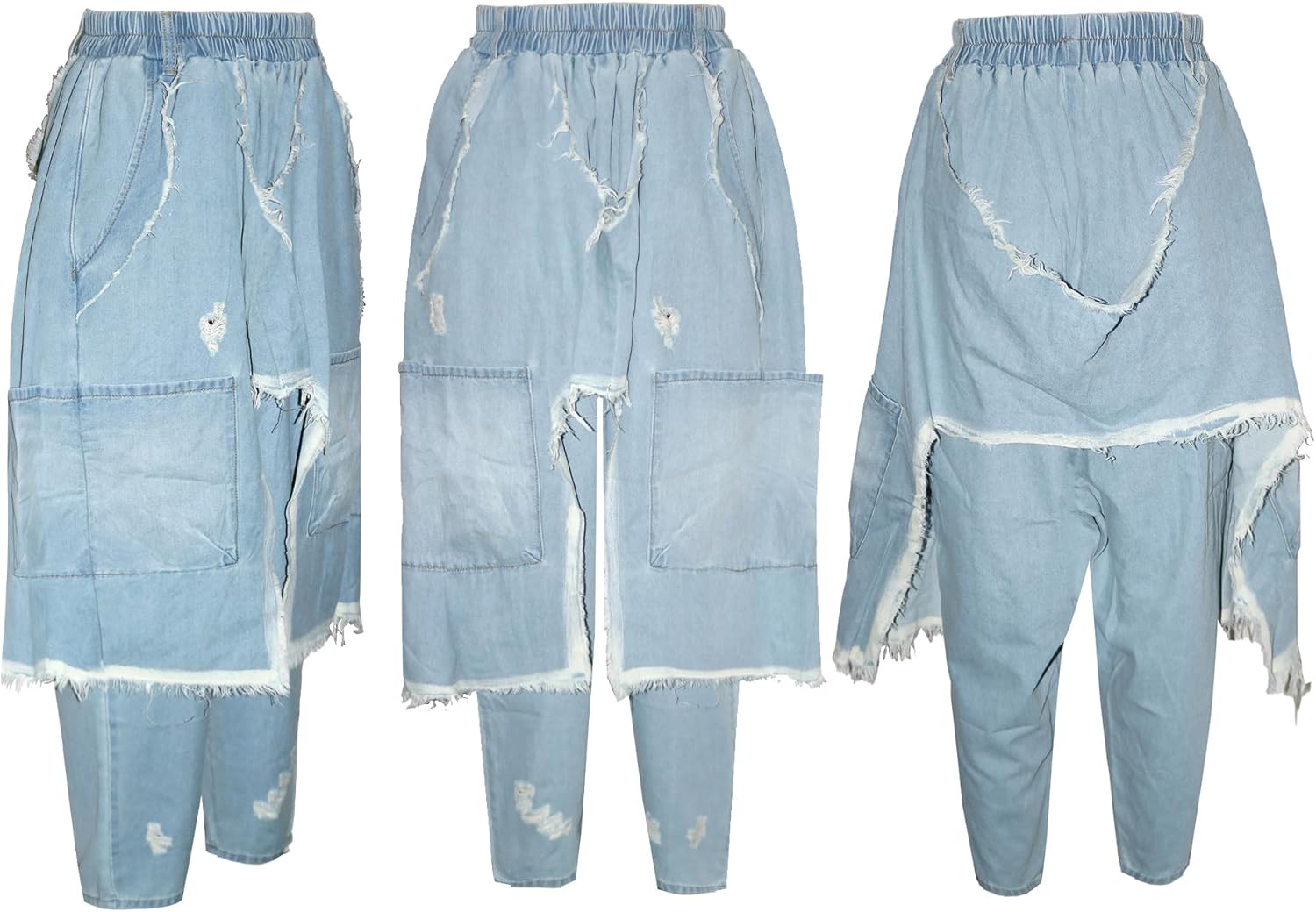 Vakkest Women's Harem Denim Pants Elastic High Waist Raw Trim Hem Patchwork Boyfriend Wide Leg Jeans with Pockets