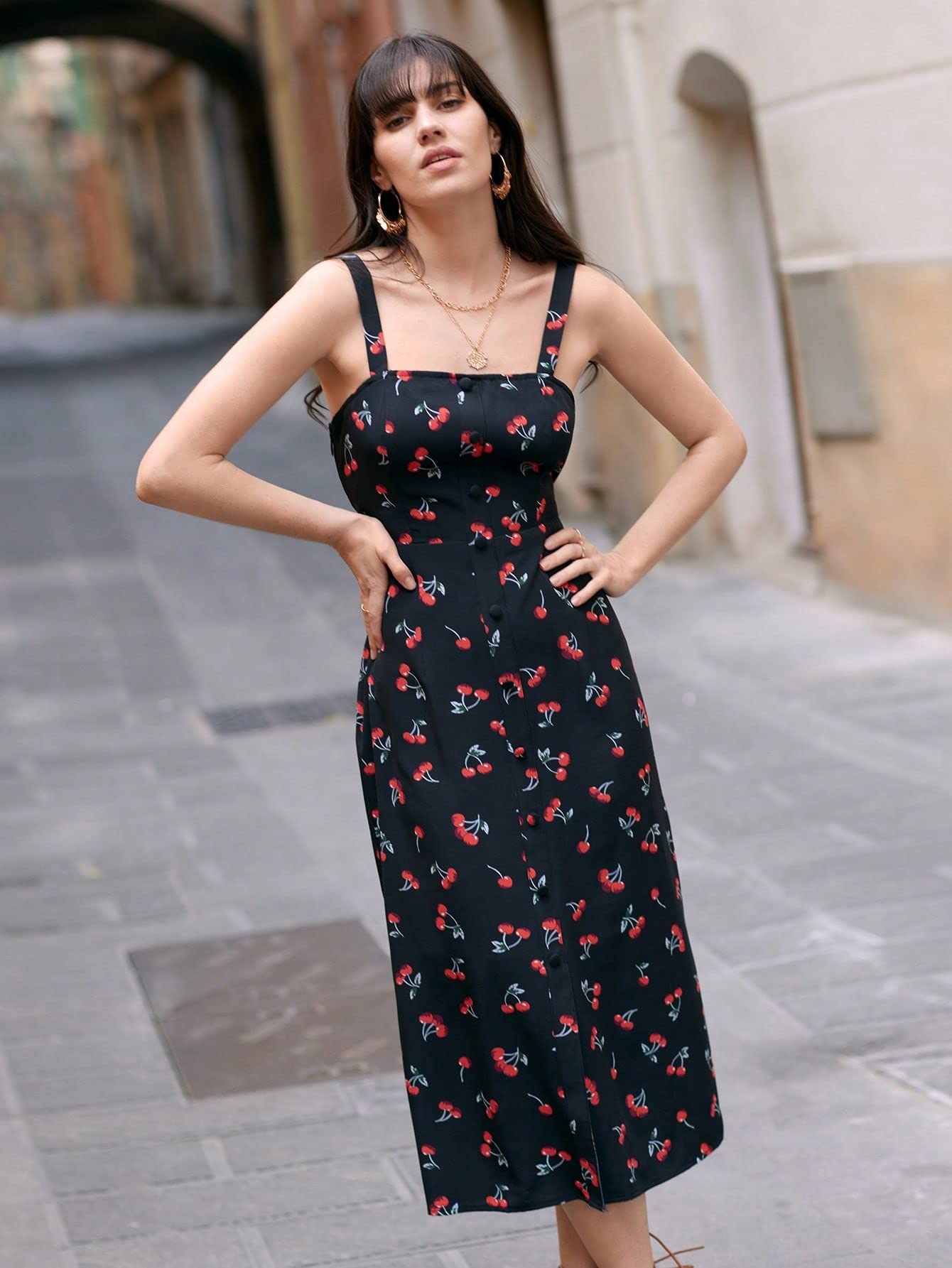 Amazon.com: Neeno Women's Dresses Allover Cherry Print Cami Dress