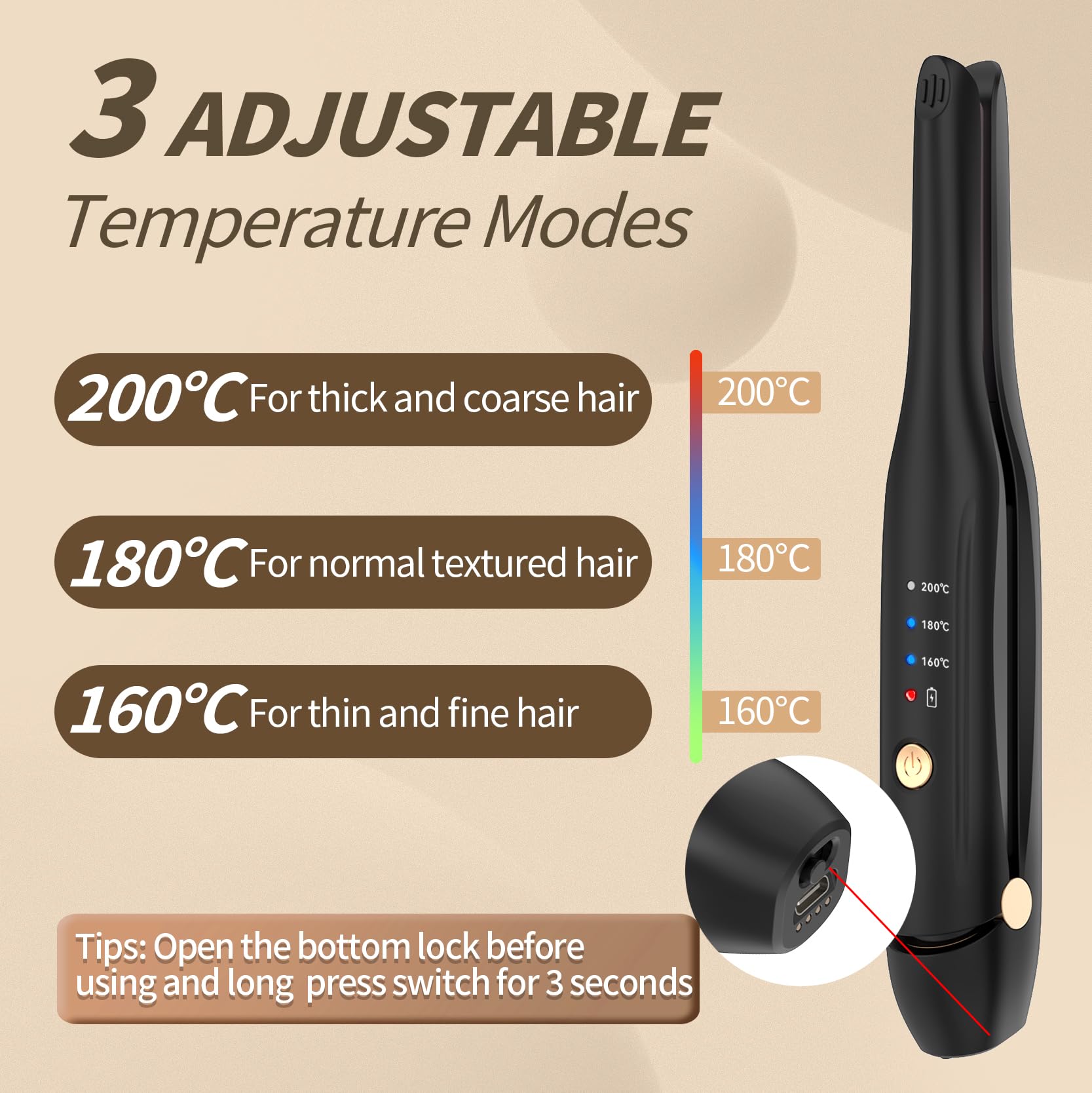 Lisseur sans fil, fer à lisser céramique Styling Clip, lisseur et fer à boucler portable 2-en-1 avec chargeur de type C et station de charge pour le salon de coiffure, la maison, les voyages (Noir)
