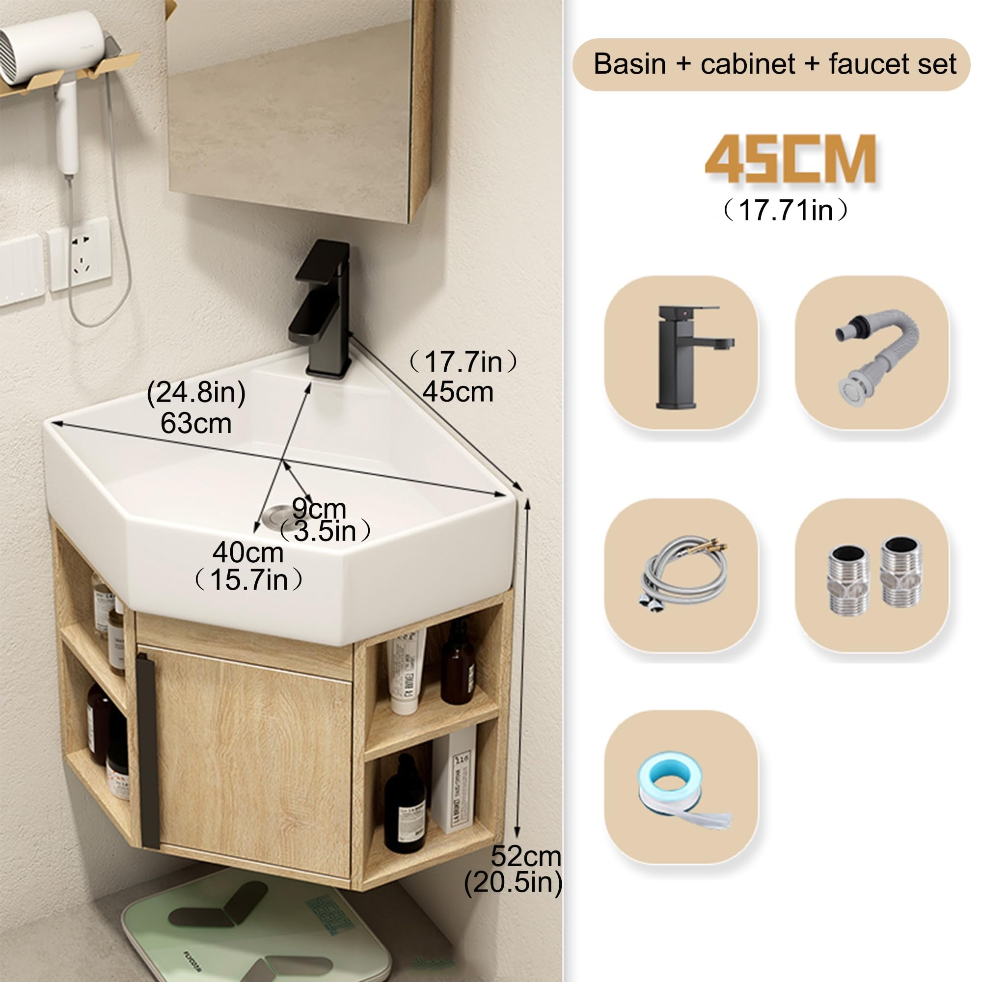 Conjunto Mueble de Baño con Lavabo Suspendido Lavabos Pequeños con Mueble Lavabo de Esquina Incluye Lavabo Cerámico Grifo para Espacios Pequeños(45cm/17.71in)