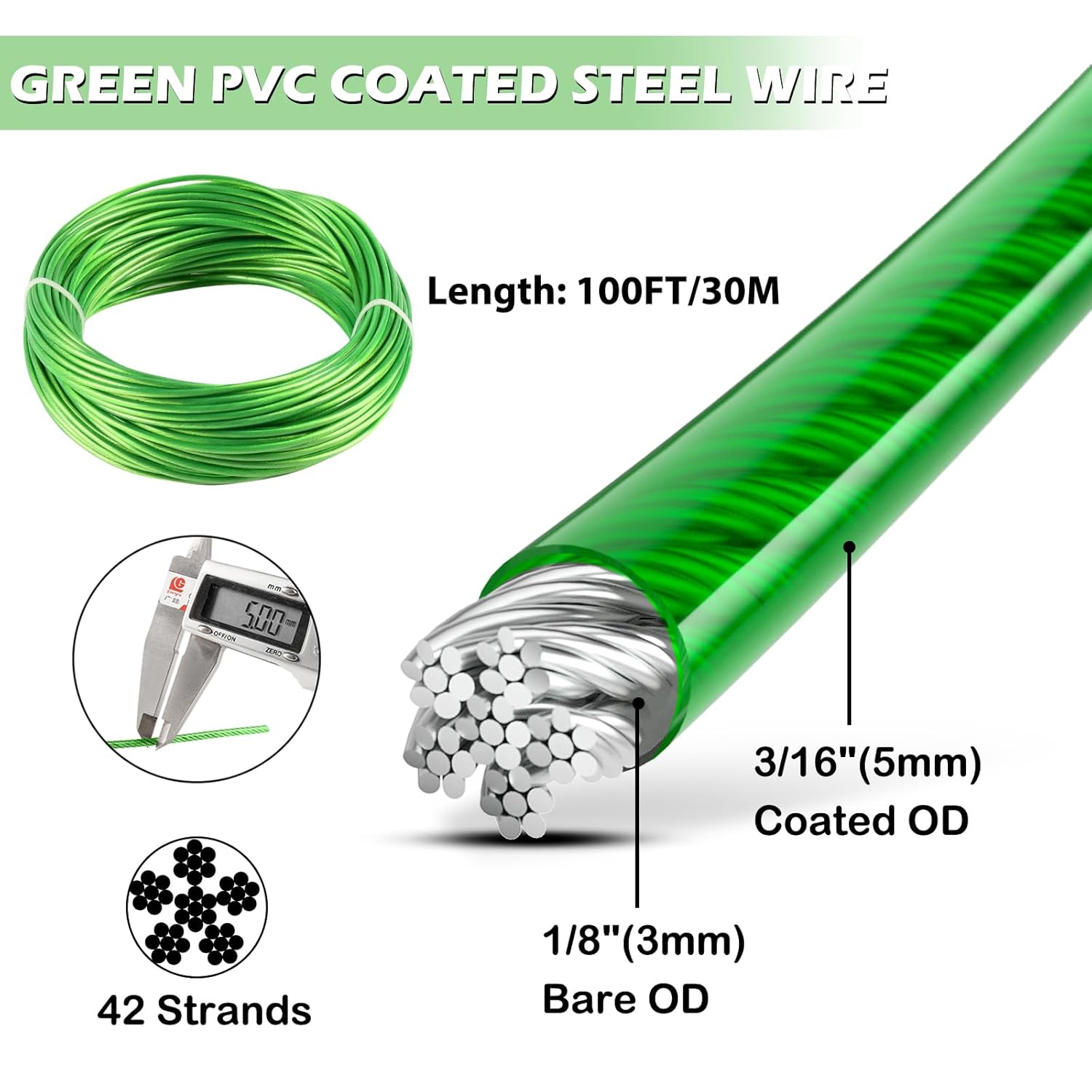 3/16" Wire Rope Cable Clip Clamp, 100 Ft Green PVC Coated Steel Cable, Multi-use Guide Wires for String Light Hanging Kit/Clothesline Wire for T Post/Climbing Grapevines Plants Outdoor