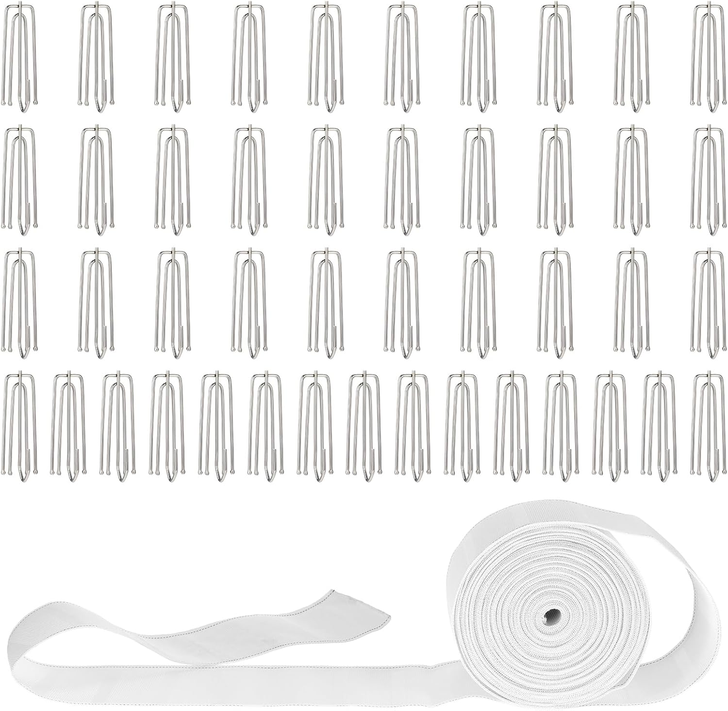 Curtain Pleat Tape 12 Meters/13 Yards with 45 Stainless Steel Pinch Pleat Hooks Hemming Tape for DIY Vintage Curtains Heading White Making Pleated Curtains
