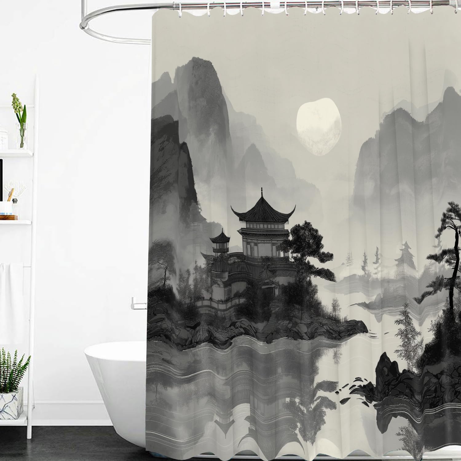 Cortina de Ducha con Paisaje de Tinta,Pabellones Antiguos,Montañas Brumosas y Cielo Iluminado por La Luna,Cortina de Baño Impermeable para Decoración Artística Moderna de Baño,240Anx200Alcm (1