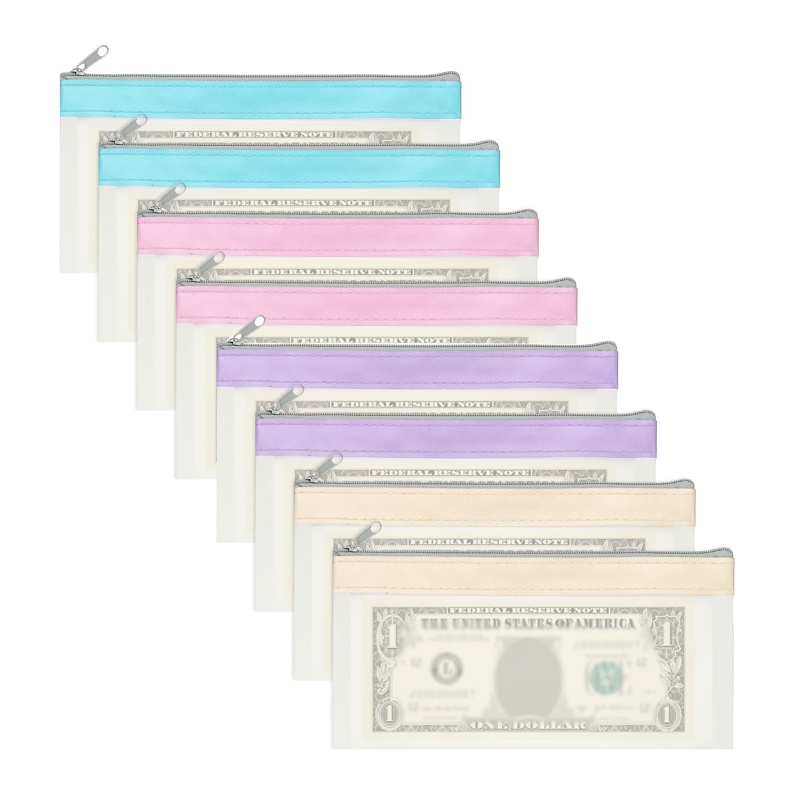 PATIKIL 8.5x4 Inch Money Bags with Zipper, 8Pcs Clear PVC Cash Deposit Bank Pouch Envelopes Check Wallet for Coin Cosmetics Invioce Bill, Blue/Pink/Purple/Beige