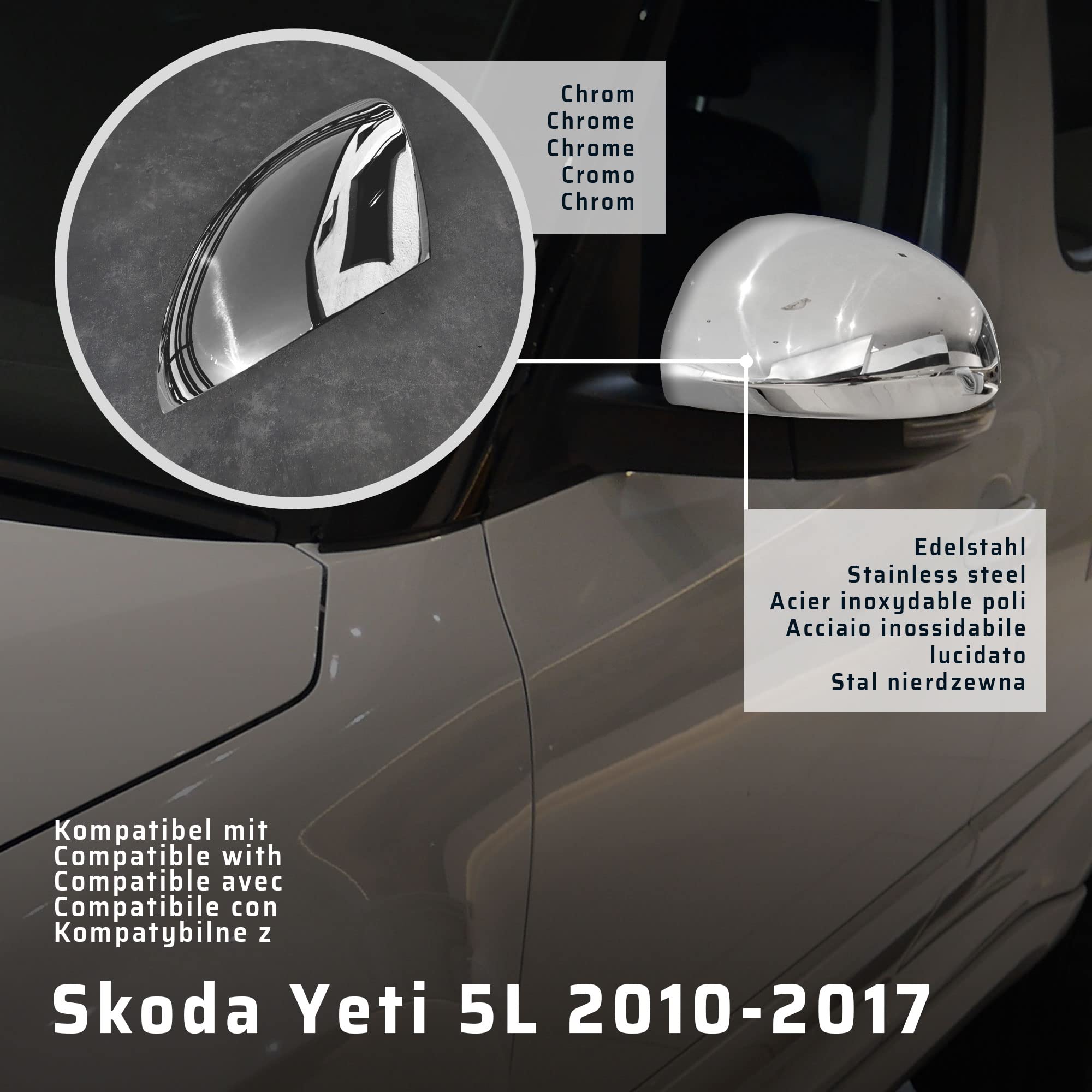 CHROMEMASTER | Nakładki na Lusterka Zewnętrzne | Kompatybilne z Skoda Yeti 5L 2010-2017 | Stal nierdzewna; Osłony Lusterek to Niepowtarzalny Wygląd Auta i Ochrona Przed Uszkodzeniem