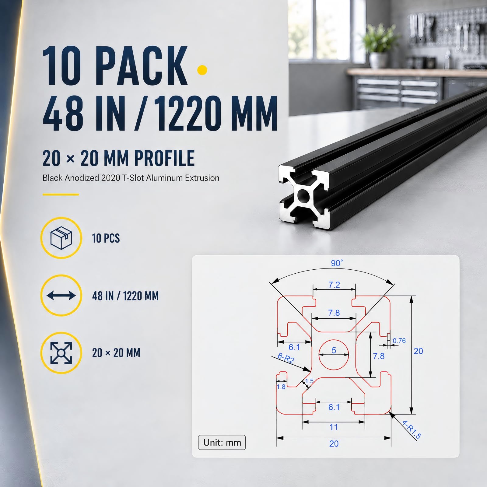 10 Pack 48" Black 2020 T-Slot Aluminum Extrusion, 1220 mm — Amazon image 3