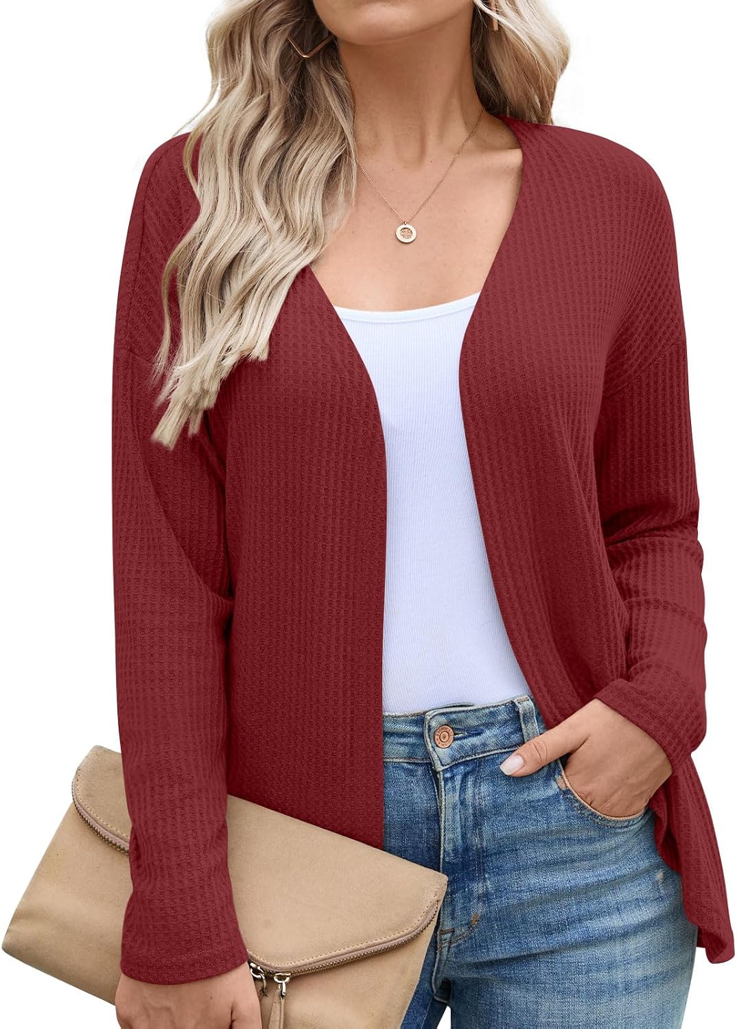 Anymiss Womens Cropped Cardigans Lightweight Waffle Knit Jackets Open Front Tops M-3XL