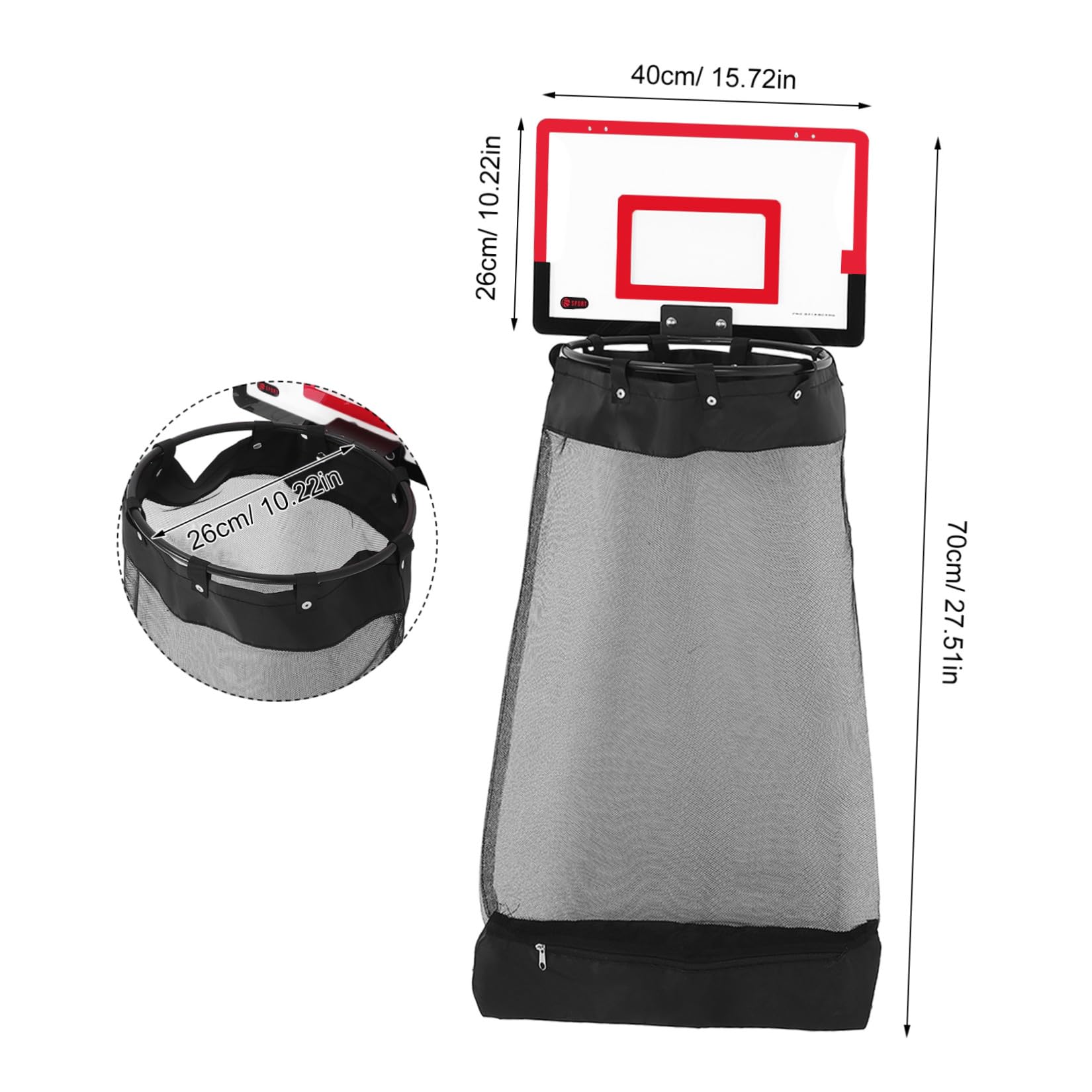 SOIMISS Roter Basketball Wäschekorb zum Aufhängen an Tür mit Reißverschluss Kunststoffnetz Platzsparend Interaktives Spiel für Badezimmer und Kleine Wohnungen 106x40x33 Cm