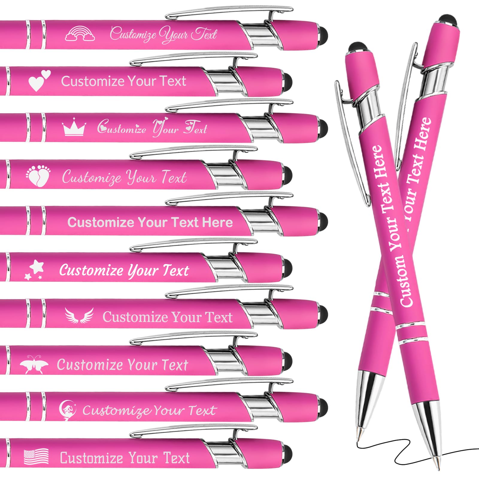 Personalised Pens Bulk Custom Pens with Logo Name 10 Pack Free Engraved Stylus Ballpoint Pens Customised Retractable Pen Message Text Gift for Men Women Black Ink Business Graduation Birthday Pink — image 1