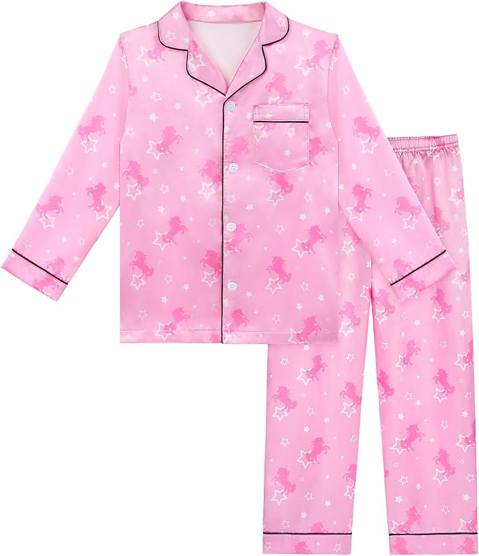 Sylfairy Satin Pajamas for Girls Silky Button-Down Sleepwear Unicorn Nightwear Loungewear PJS Clothes Set Gifts for Kids