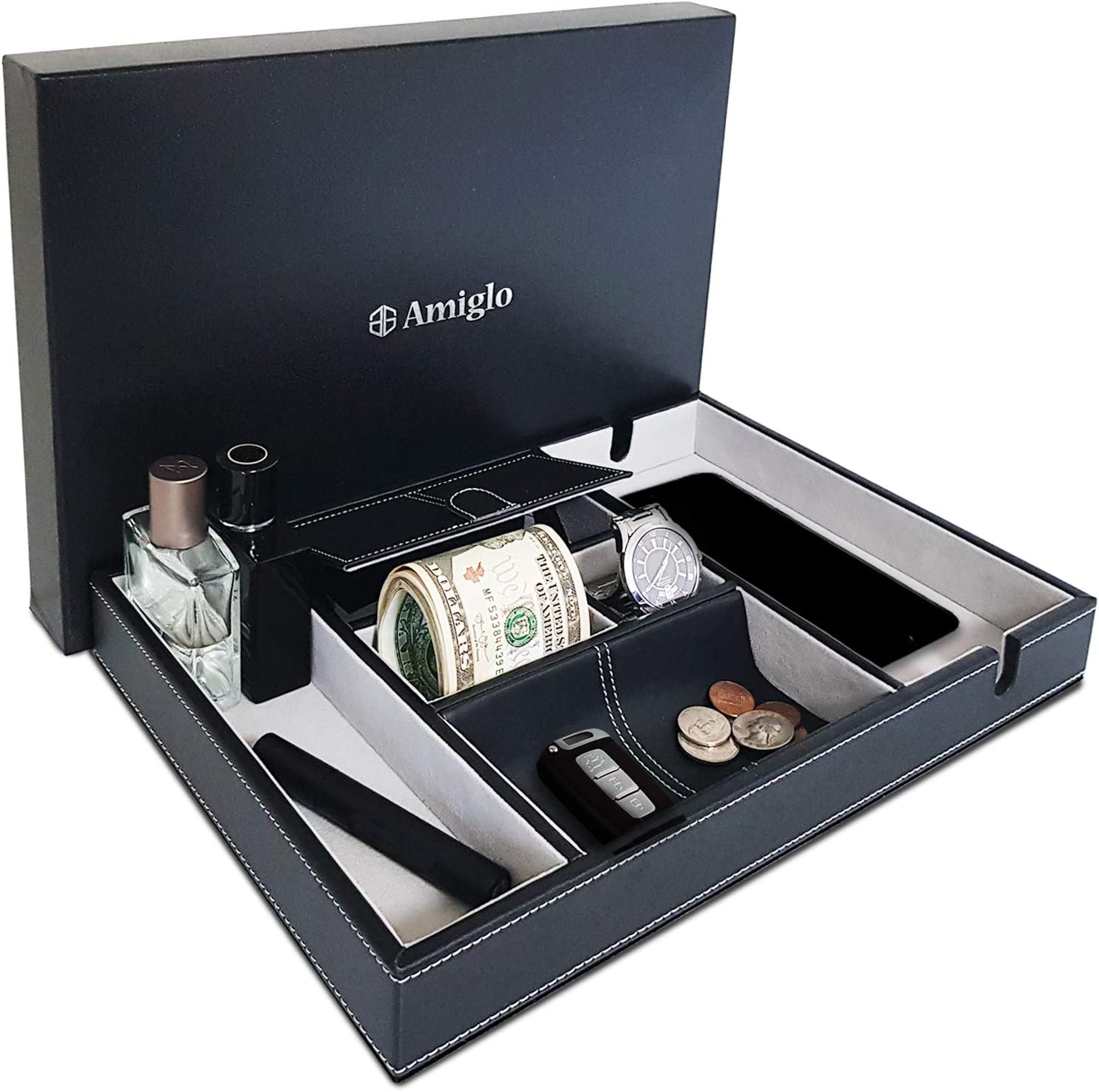 Amiglo Valet Tray Nightstand Organizer Charging Station EDC Table Desk Bedside Organizer for Men, Large Capacity, Leather Valet Box for Watch, Money, Keys, Accessories, Wallet