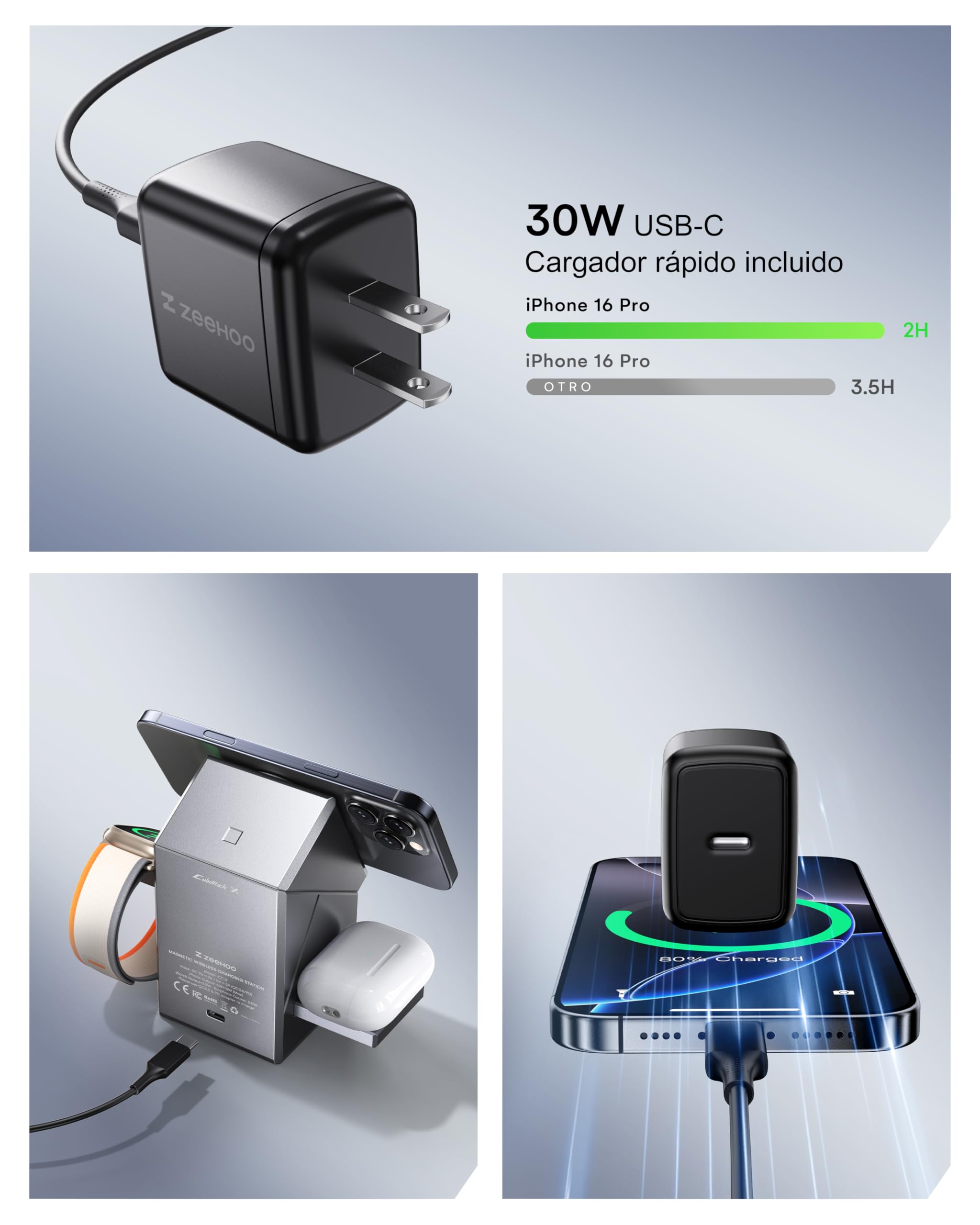 Estación de Carga Inalámbrica, Qi2 15W Fast Charge, Estación de Carga Inalámbrica 3 en 1 para Cargador de Apple Watch, para iPhone 16, 15, 14, 13, 12 Series, AirPods (Cargador USB-C de 30 W Incluido)